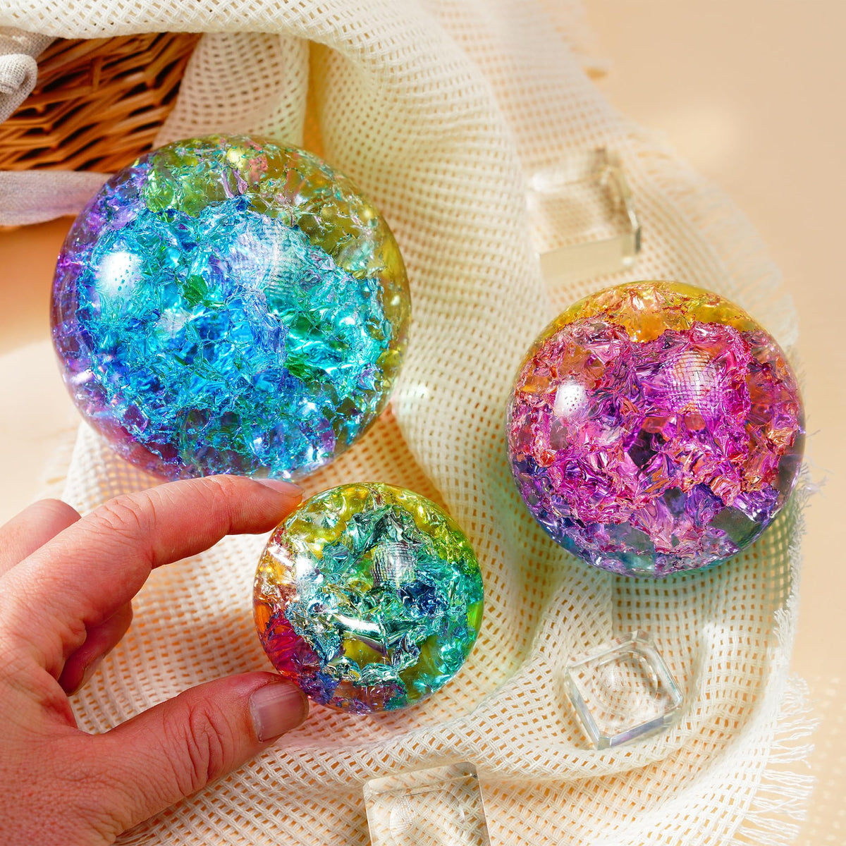 Crystal Ball Set of 3 Colorful Glass Decorative Spheres with Stands