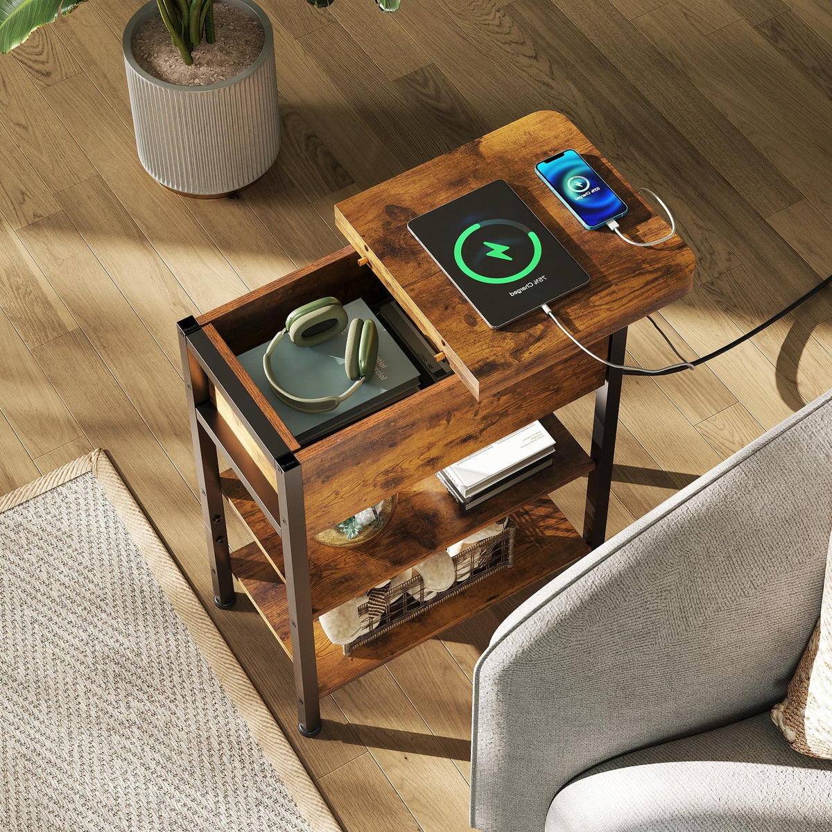 WLIVE End Table with Charging Station, Flip Top Narrow Side Table with Storage Shelf, Small Nightstand with USB Ports and Outlets,Bedside Table for Living Room, Bedroom,11.81" D x 23.62" W x 24.33" H