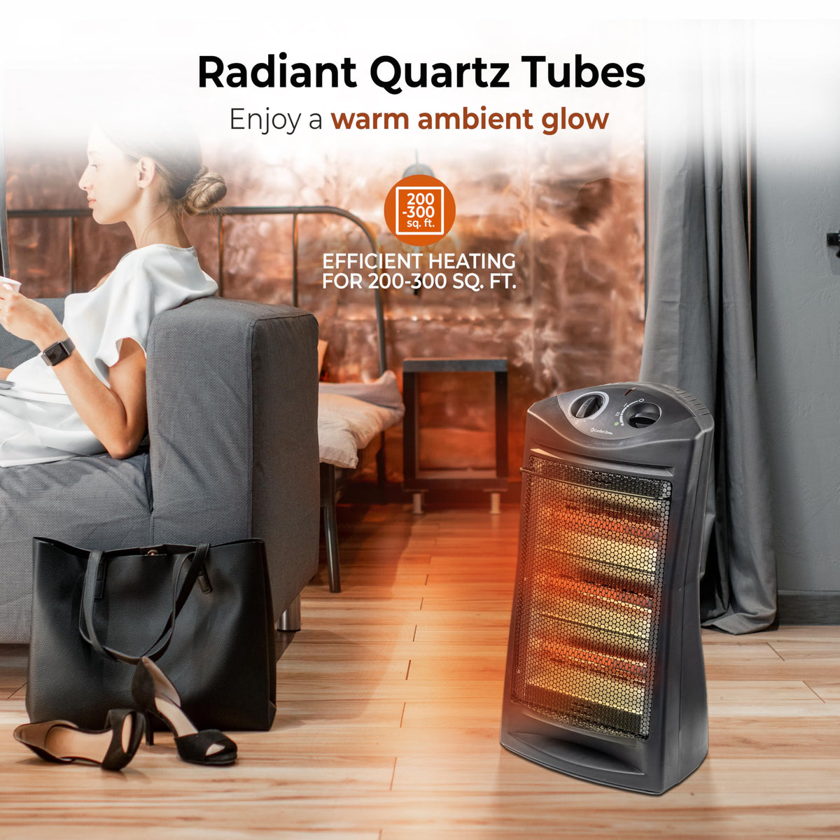 Comfort Zone Space Heaters for Indoor Use, Portable Electric Heater, Adjustable Thermostat, Infrared Heat, Quartz Tower Space Heater with 2 Heat Settings, Bedroom Heater, Black