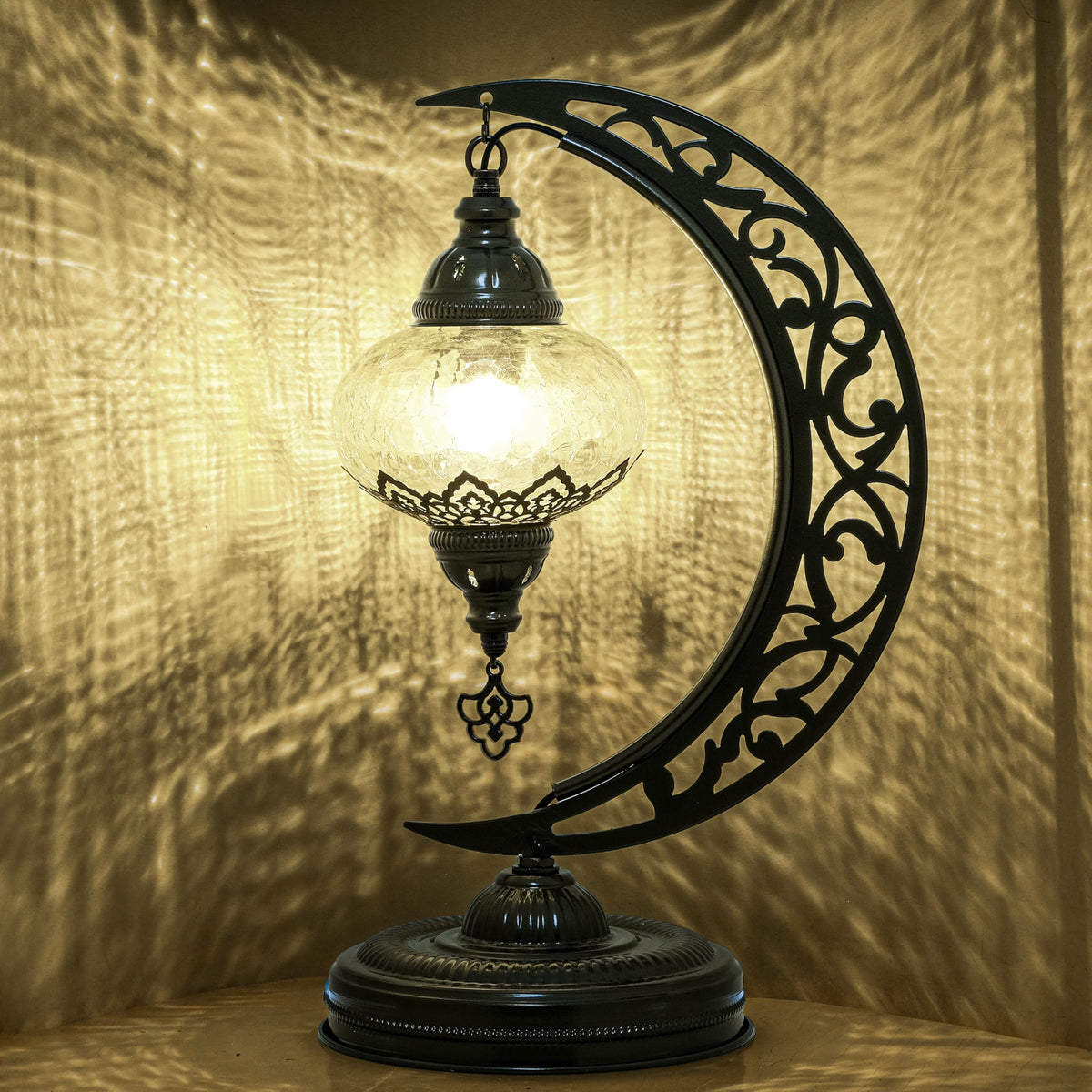 Mozaist Turkish Lamp, Unique Lamps, Moon Shaped Mosaic Table Lamp, Moroccan Handmade Antique Bohemian Vintage Lamp Shade, Tiffany Desk Bedside Stained Glass Lamp with US Plug and E12 Socket