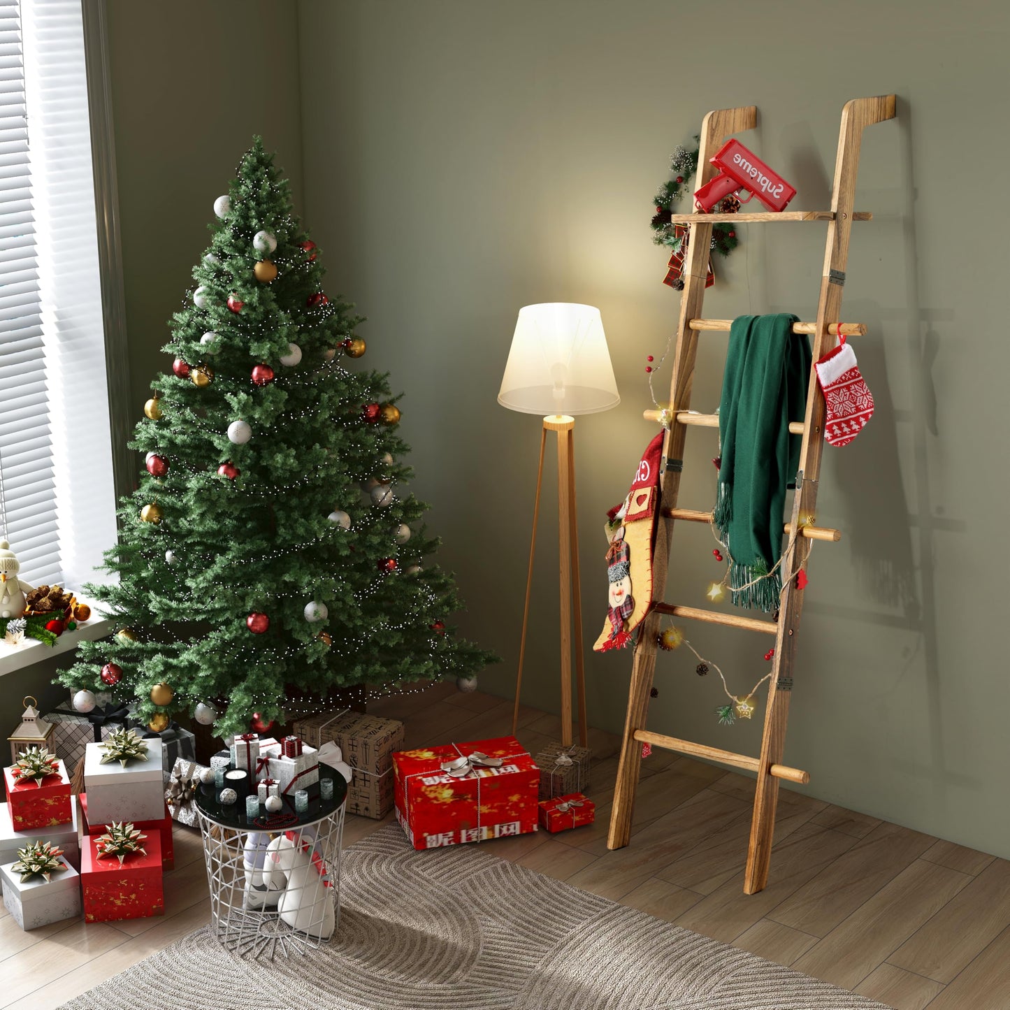 ZUNTO Blanket Ladder with Top Shelf for The Living Room - 67in Decorative Wooden Blanket Holder, 5 Tier with Side Hooks for Hanging - Rustic Farmhouse Towel Throw Ladder Rack for Organize and Display