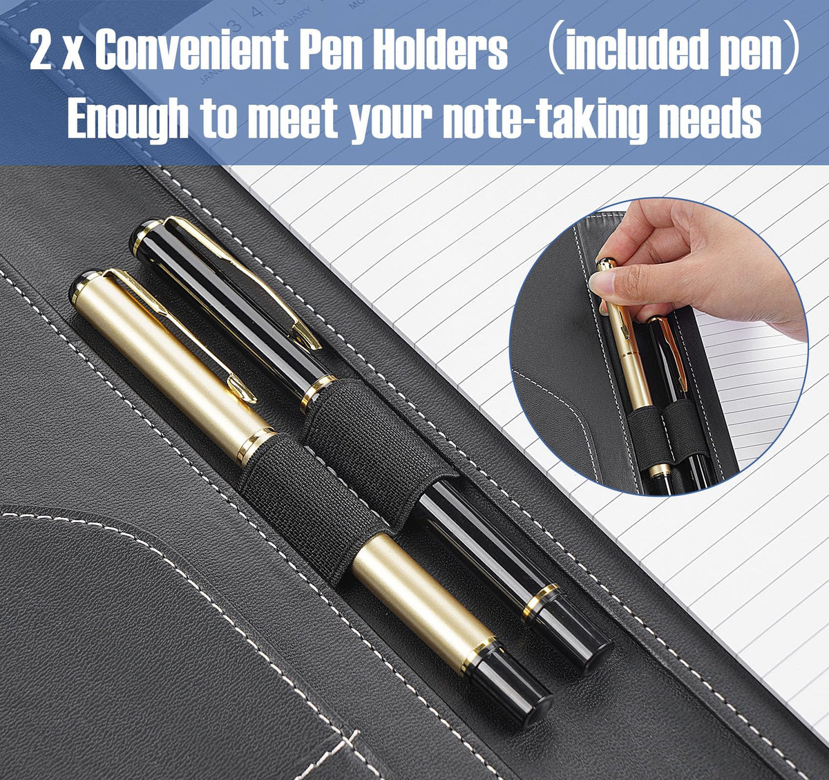 NOTEZMATE Padfolio Notepad Holder with Clipboard,A5 Faux Leather Padfolio Folder for Interview Resume,Magnetic Closure Legal Pad Folder with Business Holder,2 Pens & 5x8 Writing Pad for Office,Black