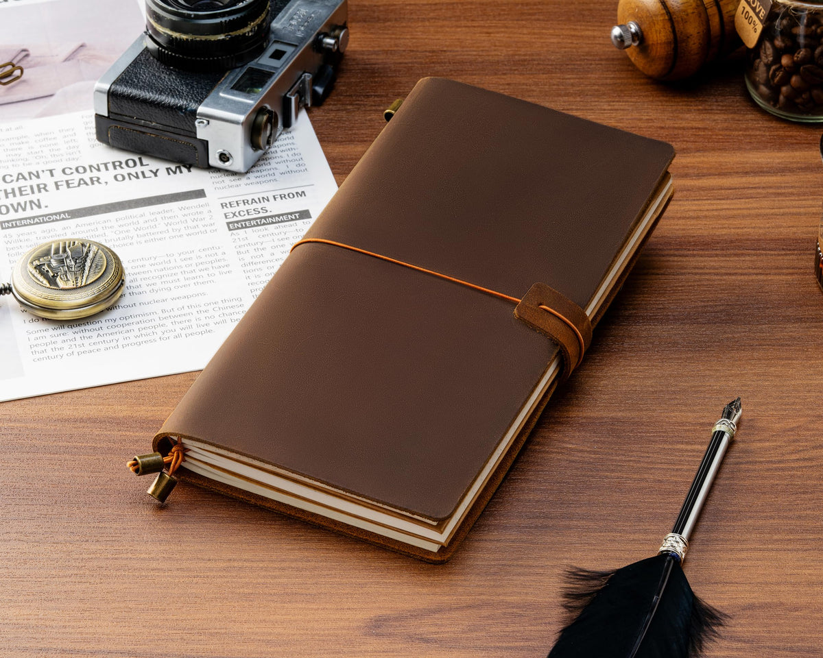 Ox Knight Refillable Leather Travelers Notebook, 8.6 x 4.9 Standard Size Travel Diary for Men and Women, Genuine Leather Travel Journal with 3 Notebook Inserts for Writing, Sketching & Planning, Dark Brown