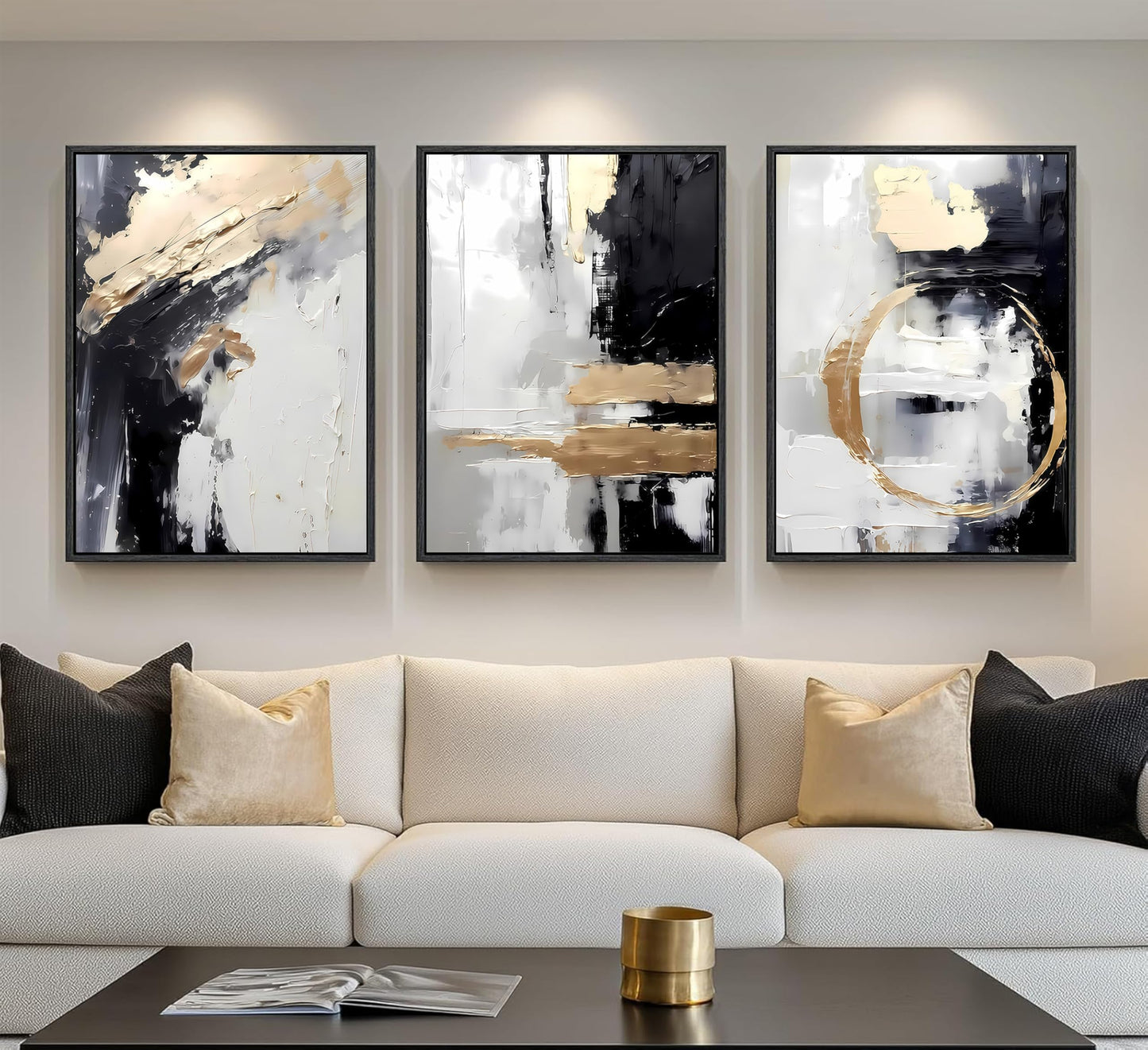3pcs Black Gold Canvas Wall Art Abstract Geometric Textured Posters Prints Pictures Paintings with Faux Stucco Finish Modern Beige Minimalist Wall Decor for Living Room Bedroom Bathroom Unframed