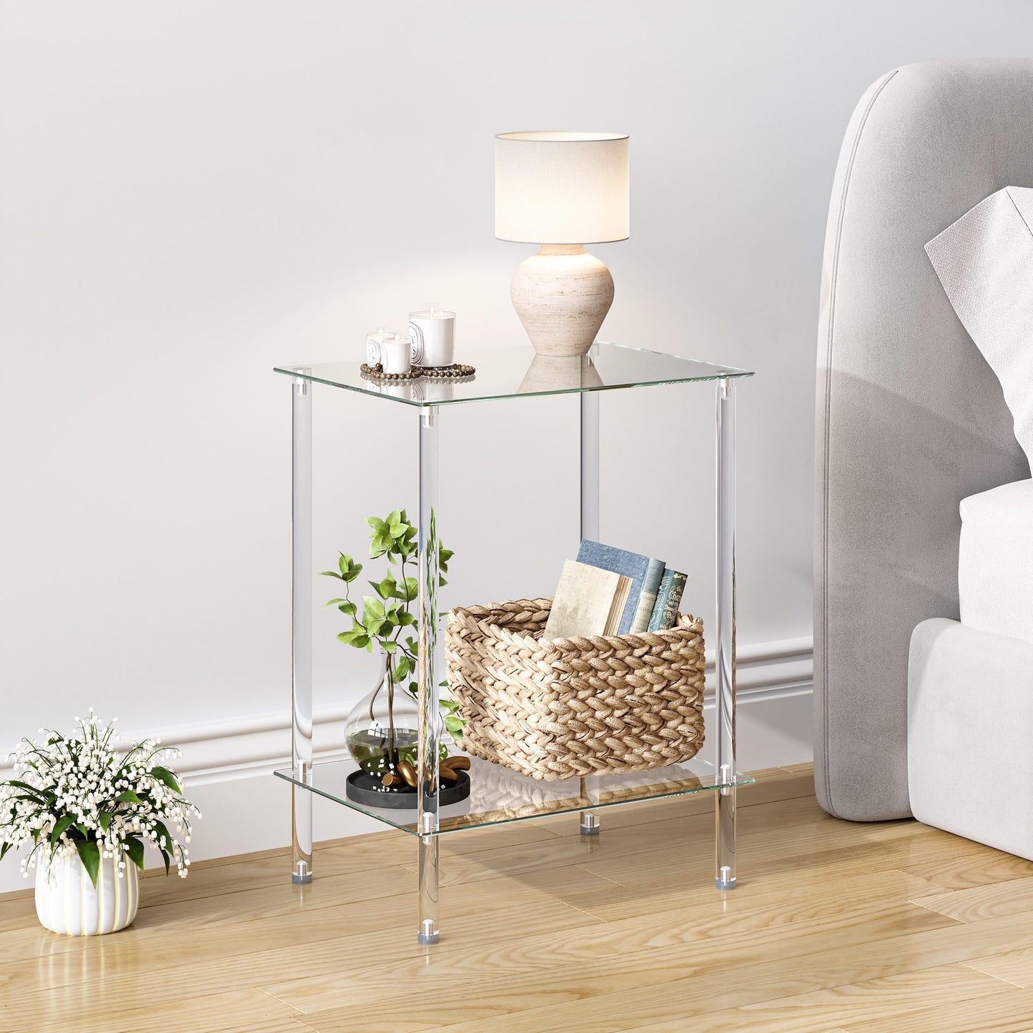 Tempered Glass Side Tables Set of 2 Acrylic End Table with 2 Storage Shelve transparent Bedside simplicity clear 2-Tier Nightstands small Spaces Office Bedroom Living Room Study Transparent ET-008TR