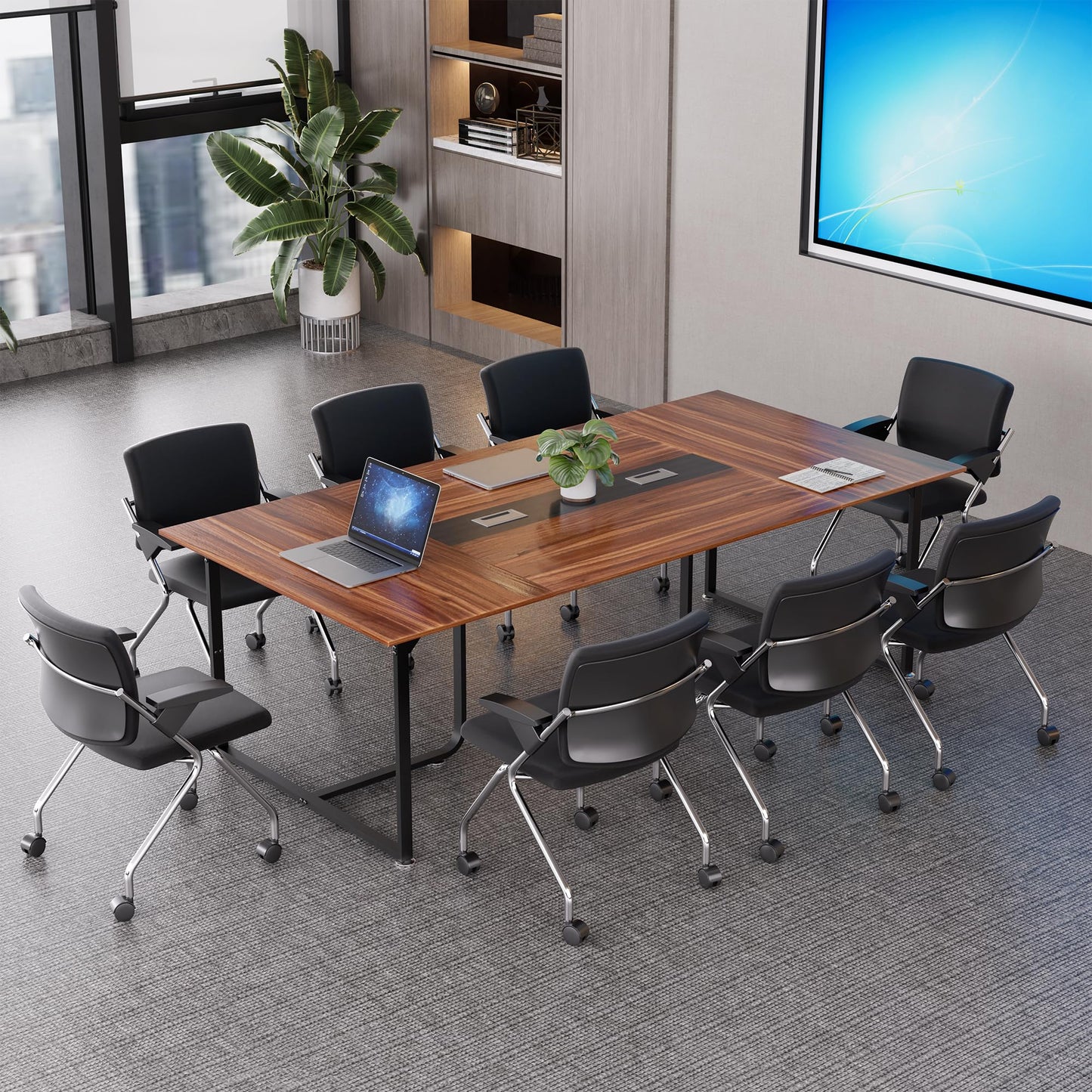 LayBurst 8FT Conference Table,94.4 L x 47.2 W x30.7 H Meeting Seminar Table with Grommet,Stability Enhancement,Large Conference Room Table for Office Meeting (Brown)