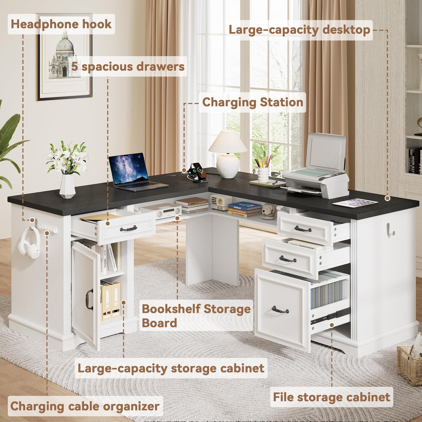 Jocoevol L-Shaped Executive Desk with Drawers, 59" Farmhouse Home Office Desk with File Cabinet, Computer Desk with Charging Station & Headphone Hook for Work/Study/Writing (White & Black, L-Shaped)