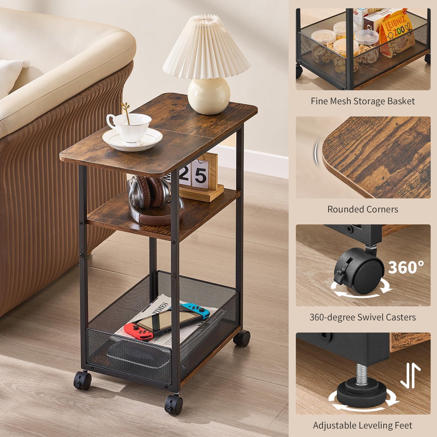 DALEMHOME Side Table with Wheels, Narrow Side Table with 3-Layer Storage Shelves, Slim Nightstand, Metal Frame, for Small Spaces, Living Room, Bedroom, 23.6" D x 11.8" W x 25.2" H, Rustic Brown