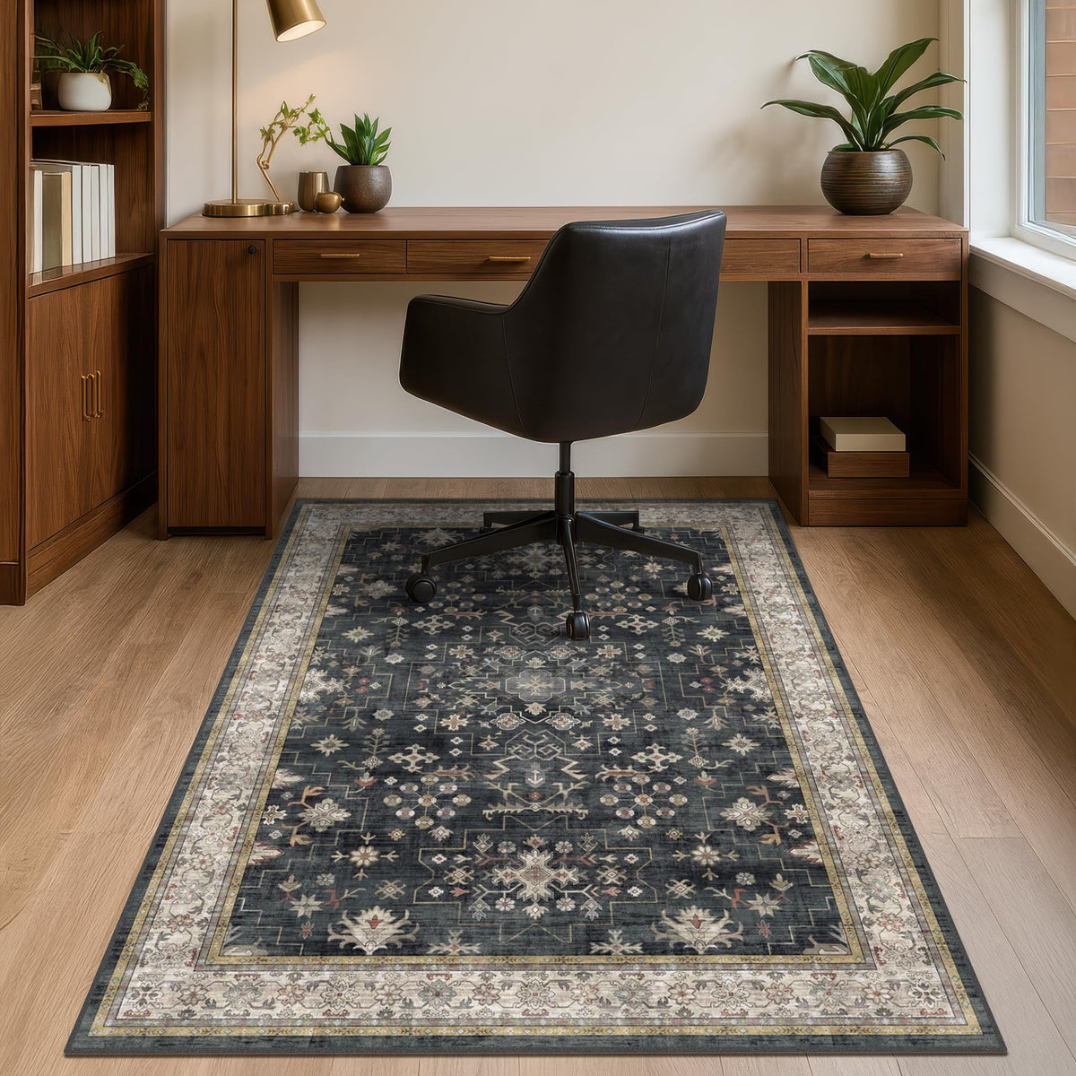 3x4 Black Boho Office Chair Mat for Hardwood Floors - Ultra-Soft Low Pile Desk Rug with Non-Slip Backing, Small 36x48 Computer Chair Area Rug for WFH Comfort and Floor Protection