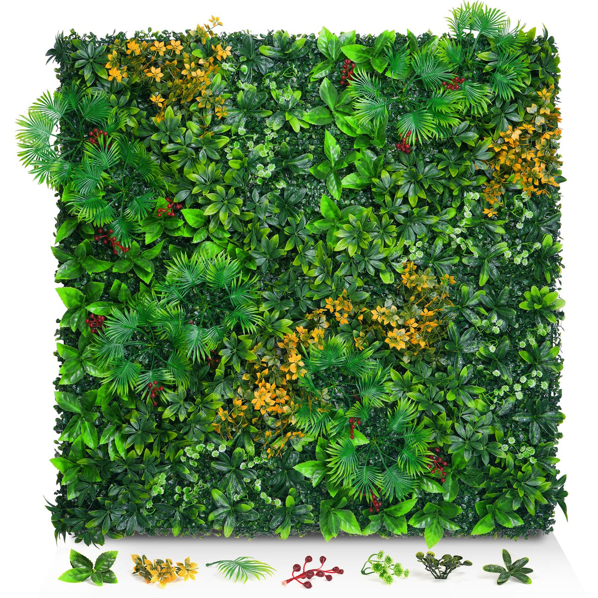 Grass Wall Panels, 20"x20" 16pcs Artificial Grass Backdrop Wall with Tropical Leaves, UV-Anti Faux Greenery Plant Boxwood Panels for Privacy Fence Screen, Green Wall Decor for Outdoor Indoor