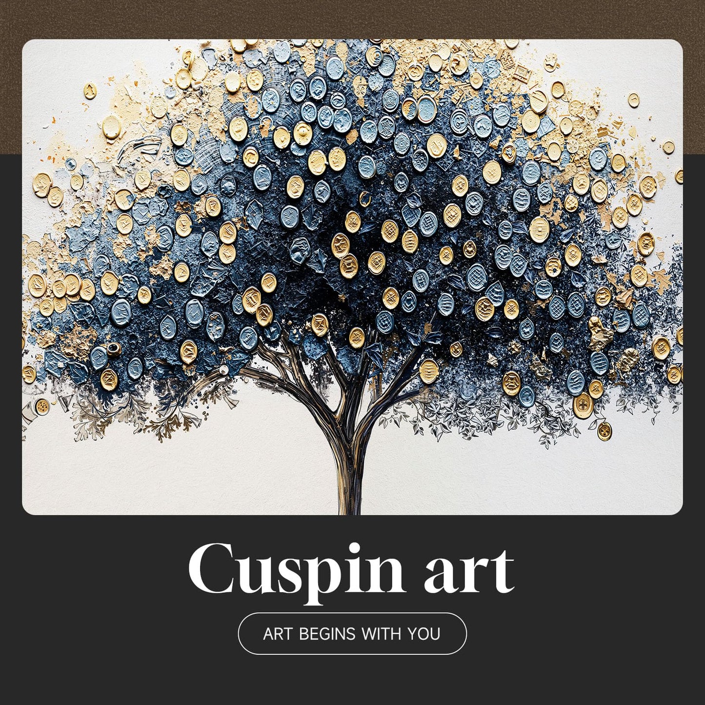 Framed Square Tree of Life Wall Art, Blue Gold Modern Money Tree Painting Prints, Minimalist Elegant Luxury Abstract Tree Artwork for Living Room Bedroom Kitchen Hallway Office Home Decor, 30x30 Inch