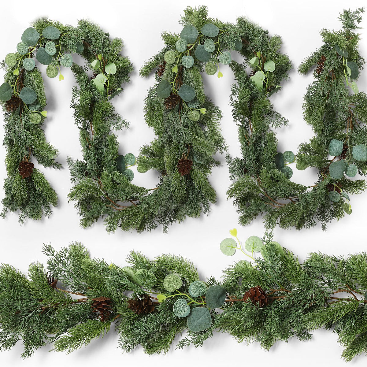 XunYee 6 Feet Christmas Cedar Garland, Realistic Pine Needles Garland with Cones and Eucalyptus Leaves, Artificial Greenery for Mantle, Stair, Doorway, or Xmas Holiday Decoration