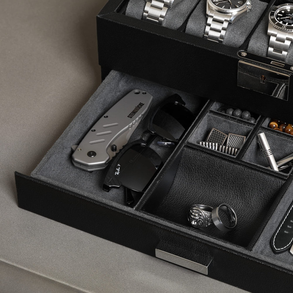 ROTHWELL 10-Slot Watch Box in Leather with Valet Drawer, Luxury Watch Case Display Organizer with Ultra Soft Microsuede Liner, Jewelry and Sunglass Holder With Large Glass top (Black/Grey)