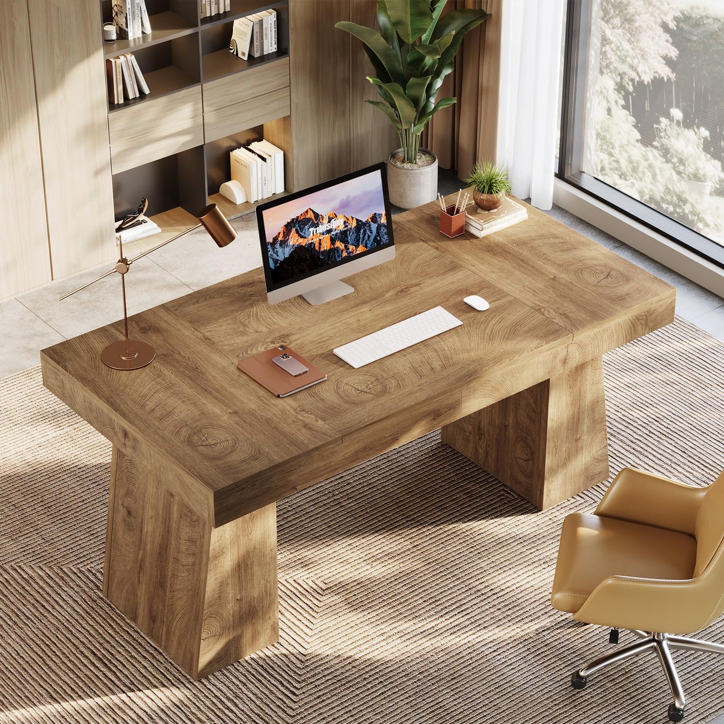 Tribesigns 55-Inch Executive Desk, Thick Wood Office Computer Desk with Double Pedestal, Modern Minimalist Workstations Writing Table Conference Table Furniture for Home Office, Light Brown
