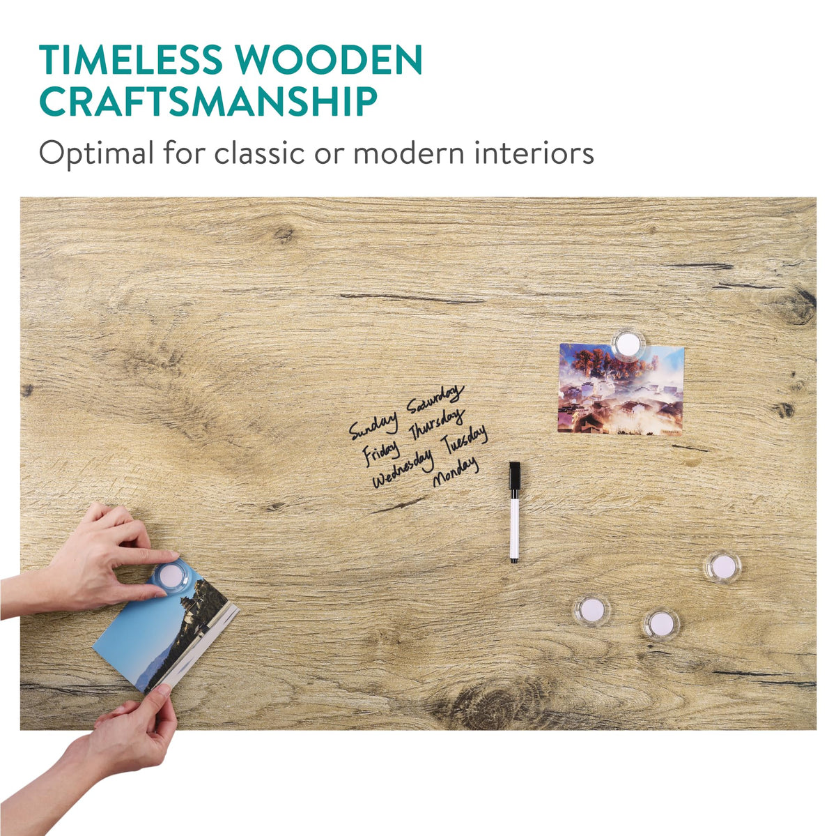 Navaris Frameless Magnetic Memo Board - Easy Installation - Kitchen Magnet Dry Erase Whiteboard - Notice Boards for Wall Use - 36 x 24 Inches - Dark Wood Design with Magnets & Pen