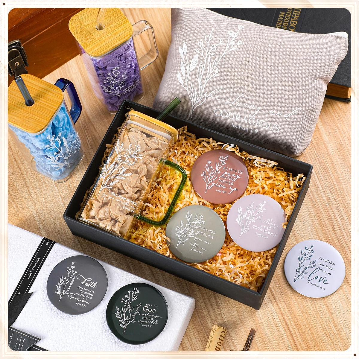 Fumete 6 Sets Christian Appreciation Gift for Women Bible Verse Flower Makeup Bag Gifts Religious Coffee Cup with Handle Bamboo Lid Straw Mini Compact Mirrors for Mothers Day Church Coworker