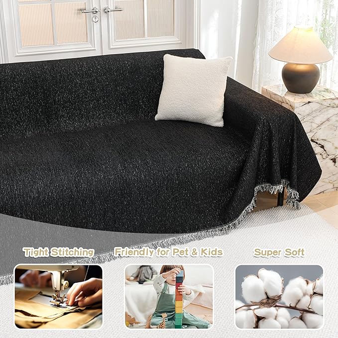 MYSKY HOME Black Chenille Sofa Slipcover Couch Covers