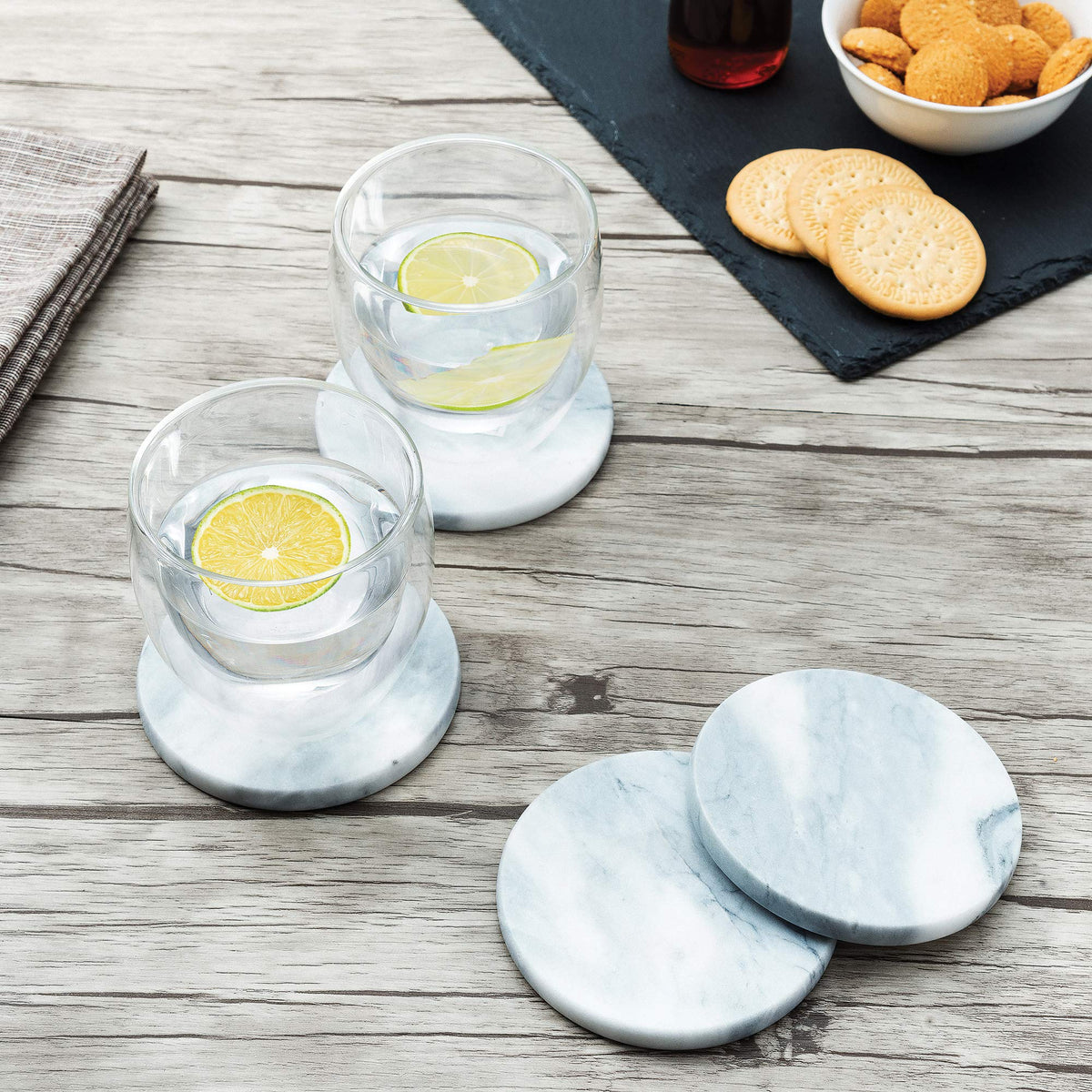 Fox Run Natural Polished Marble Coasters, Set of 4 White Coasters With Holder