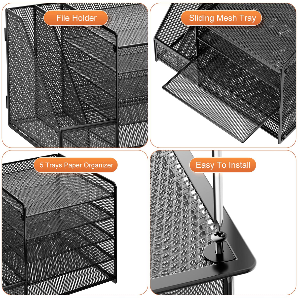 Marbrasse Desk Organizer with File Holder, 5-Tier Paper Letter Tray Organizer, Mesh Desk Organizers and Accessories with Magazine Holder, Desktop Storage for Office Supplies (Black)