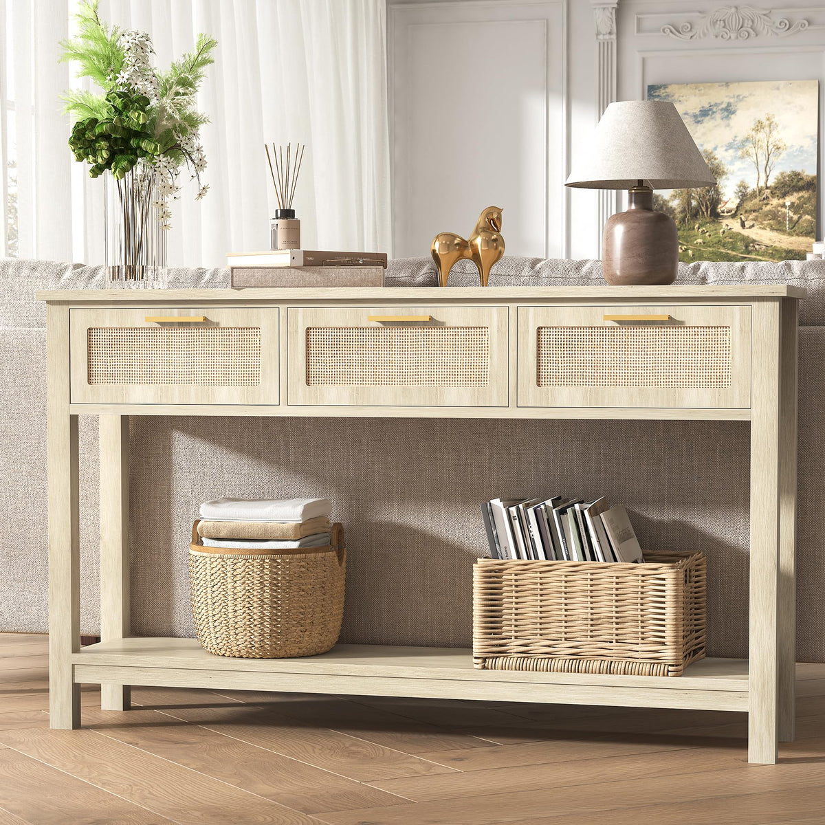ELYKEN Rattan 51.2" Console Table with 3 Drawer, Entryway Table with Drawer & Shelf, Boho Sofa Table Behind Couch Foyer for Living Room, Hallway, Natural Wood