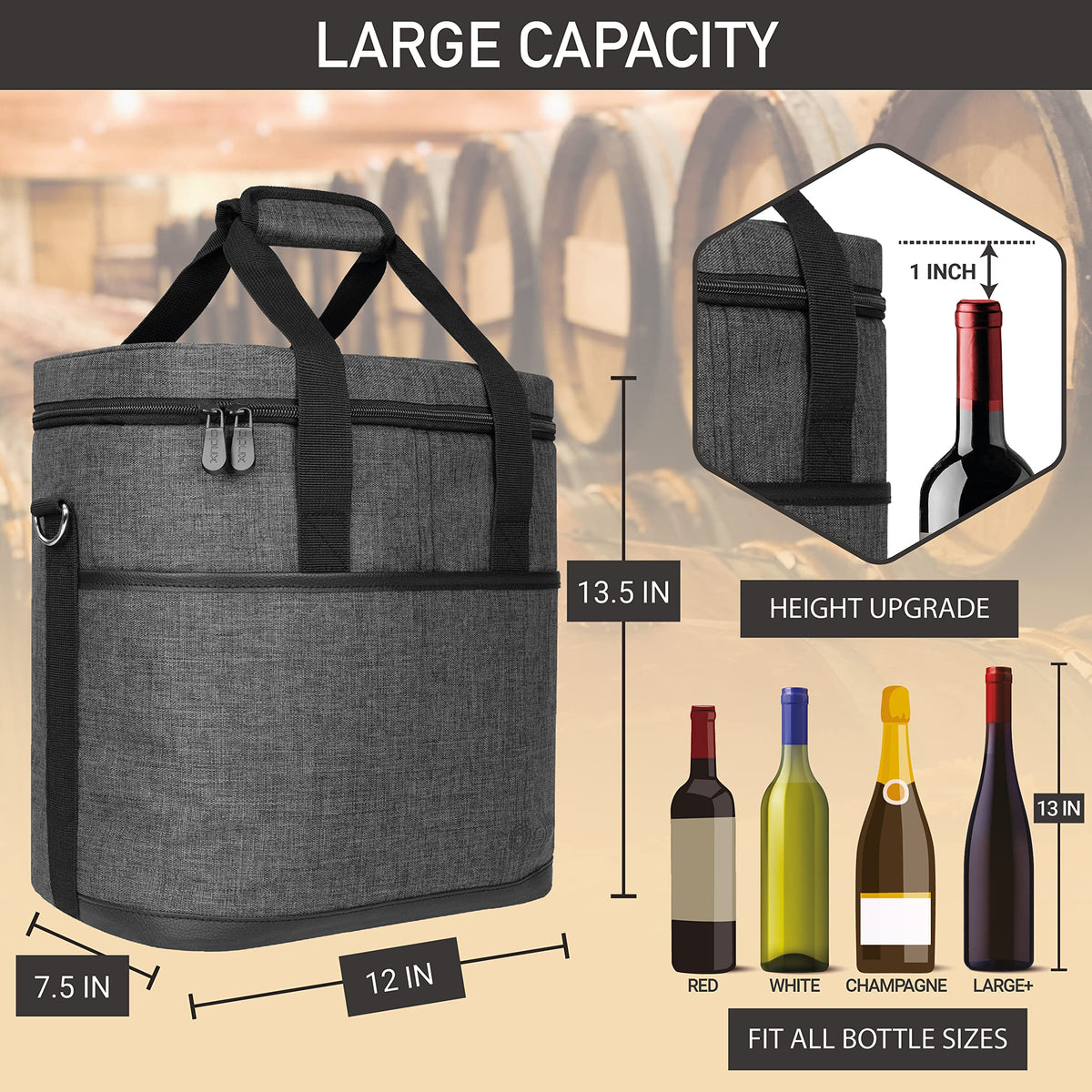 opux 6 Bottle Carrier Tote | Insulated Padded Wine Cooler Bag for Travel. Picnic, BYOB | Portable Leakproof Wine Tote Bag for Dinner, Party, Christmas, Wine Gift for Women, Men (Charcoal Gray)