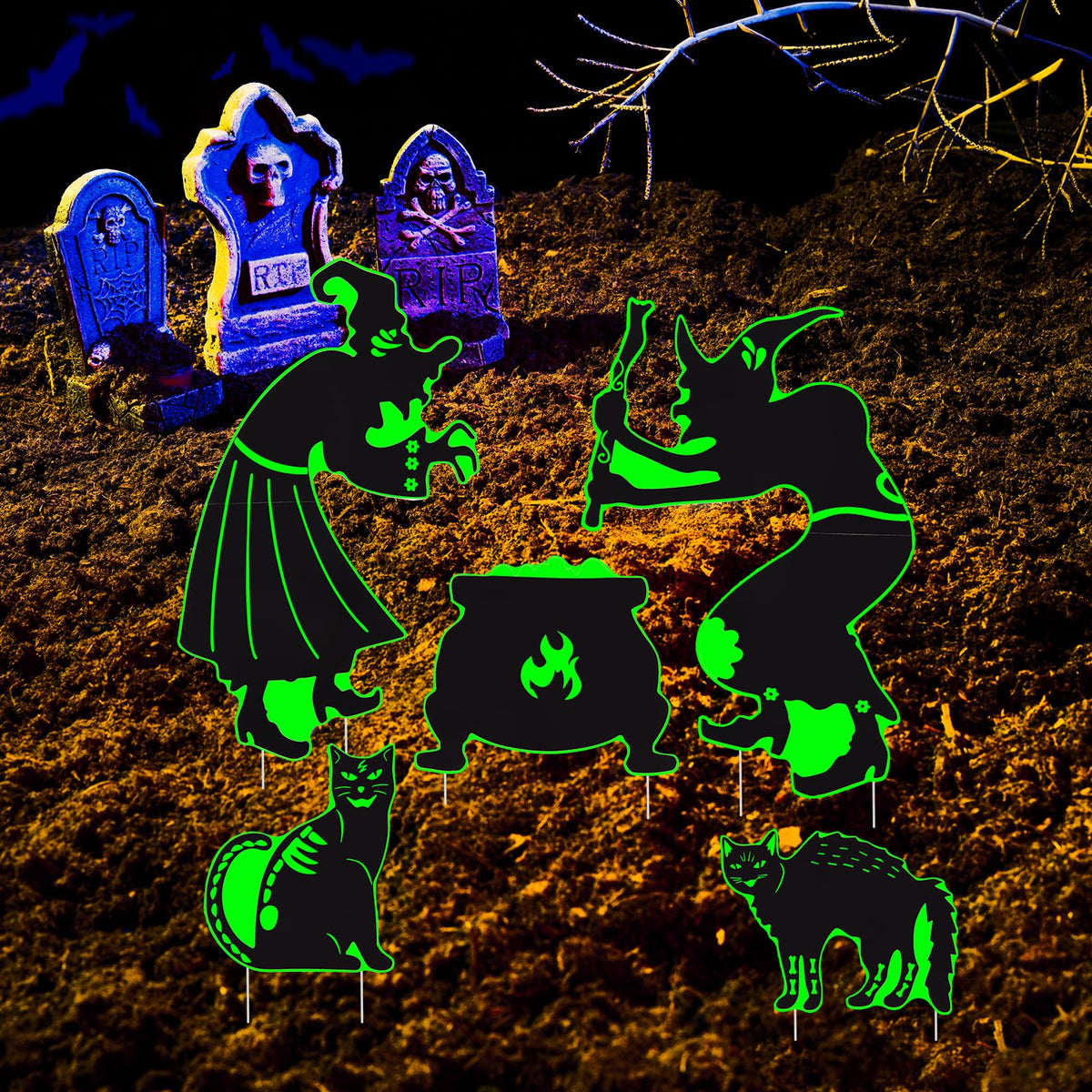 Halloween Yard Signs Decorations Outdoor - 5 Pack Large PVC Witch with Glow in The Dark, Warerproof Black Cat and Cauldron Decor, Halloween Decor with Stakes for Lawn Garden