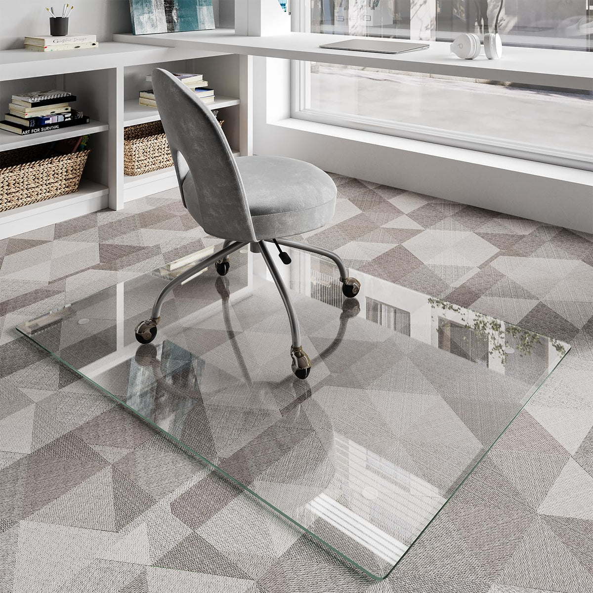 Koonmi Glass Chair Mat for Carpet, 36"x48" Tempered Glass Office Chair Mat, Glass Floor Mats with Rounded and Polished Edges, Desk Chair Mats with 4 Anti-Slip Pads for Hardwood Floor, Carpet