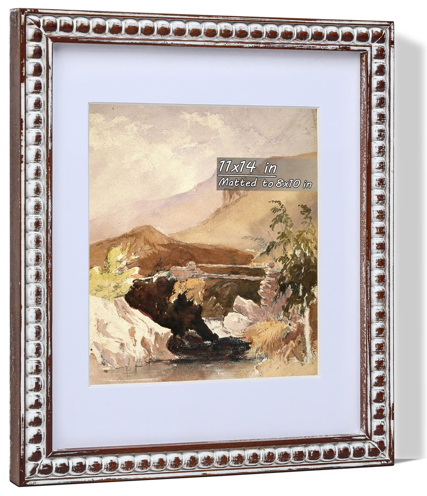 Gdfmsc 11x14 Rustic Picture Frame with Mat for 8x10, Decorative Distressed Beaded Wooden Real Glass, Vertical or Horizontal Display Photo Gallery Wall & Tabletop Frame, White Washed Brown