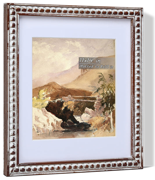 Gdfmsc 11x14 Rustic Picture Frame with Mat for 8x10, Decorative Distressed Beaded Wooden Real Glass, Vertical or Horizontal Display Photo Gallery Wall & Tabletop Frame, White Washed Brown