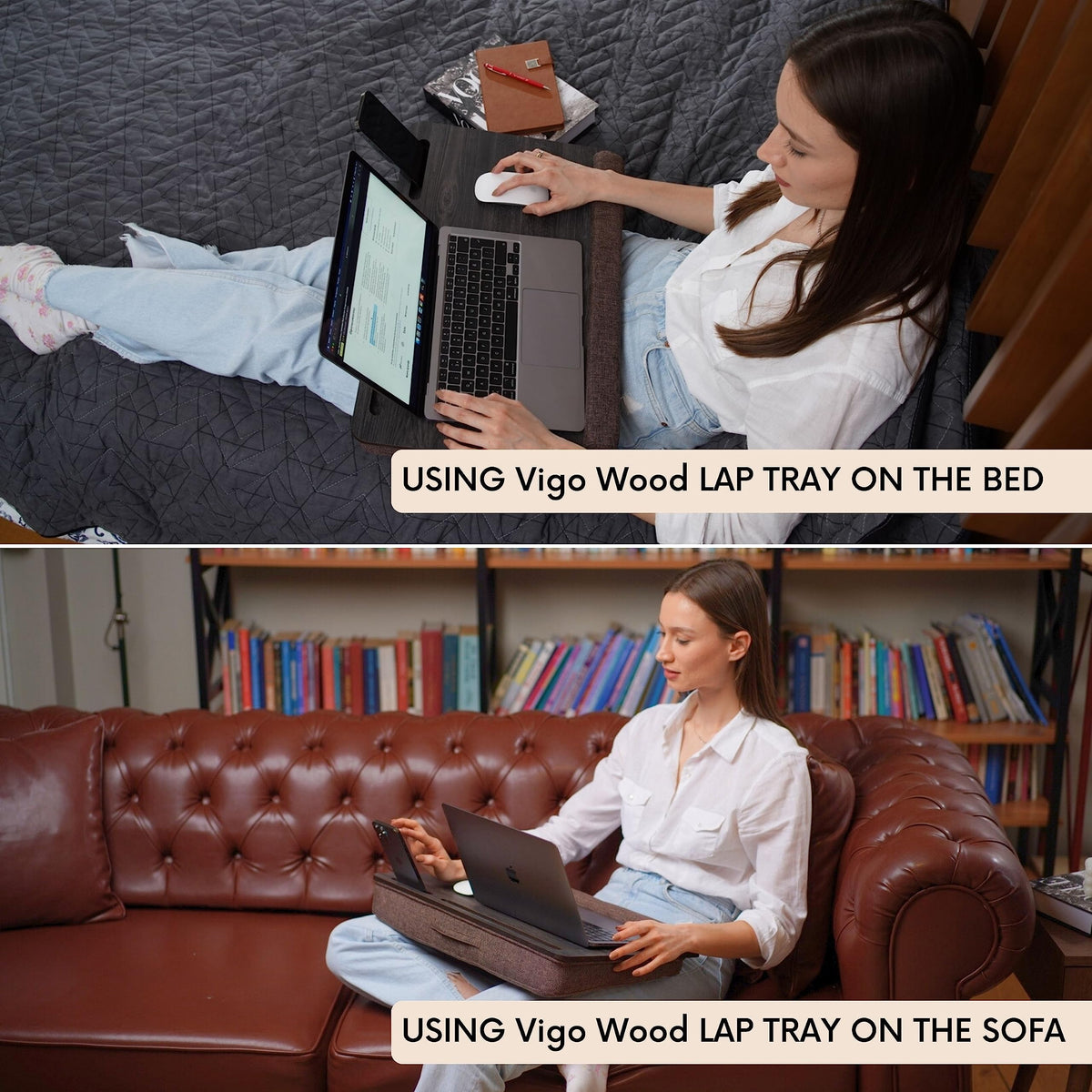 Vigo Wood Portable Laptop Desk – Lapdesk with Cushion, Laptop Stand for Bed, Lap Desk for Laptop and Lap Desk for Bed, Portable Desk for Lap top, Notebook Bed Tray (Black & Brown)