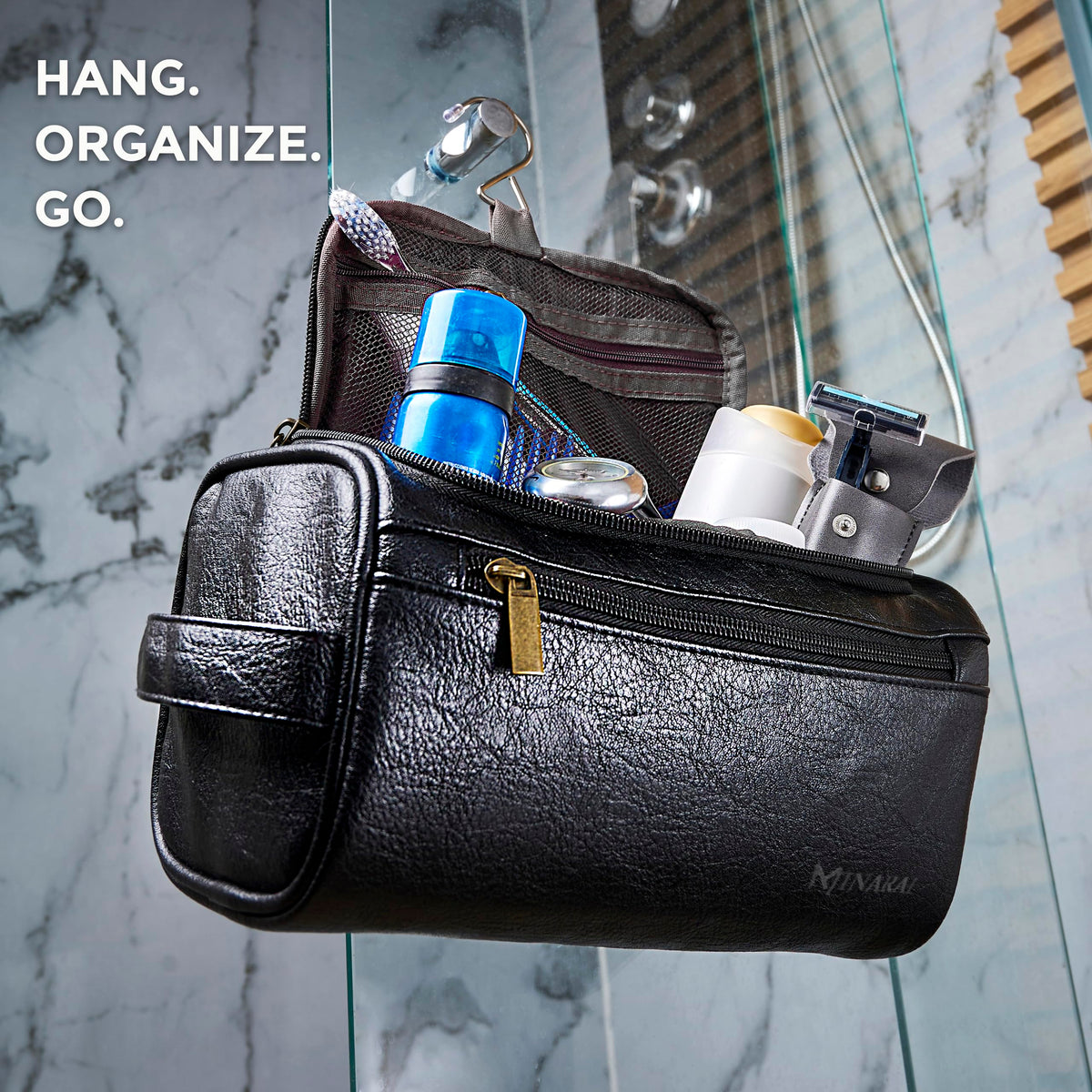 MINARAI Mens Toiletry Travel Bag with Razor Case & Dust Bag – Premium PU Leather Organizer with Hanging Design and Structured Storage – Mens Toiletry Bag for Travel, Gym, and Everyday Gift–BLACK