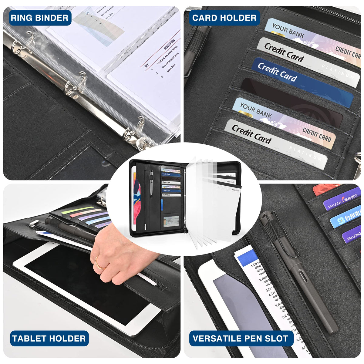 Sbrinnaliao 3-Ring Padfolio Portfolio Binder Organizer,PU Leather Folder Binder Business Planner Notebook Zippered Portfolio for Women/Men with Document Sleeve,Letter/A4 Size Clipboard