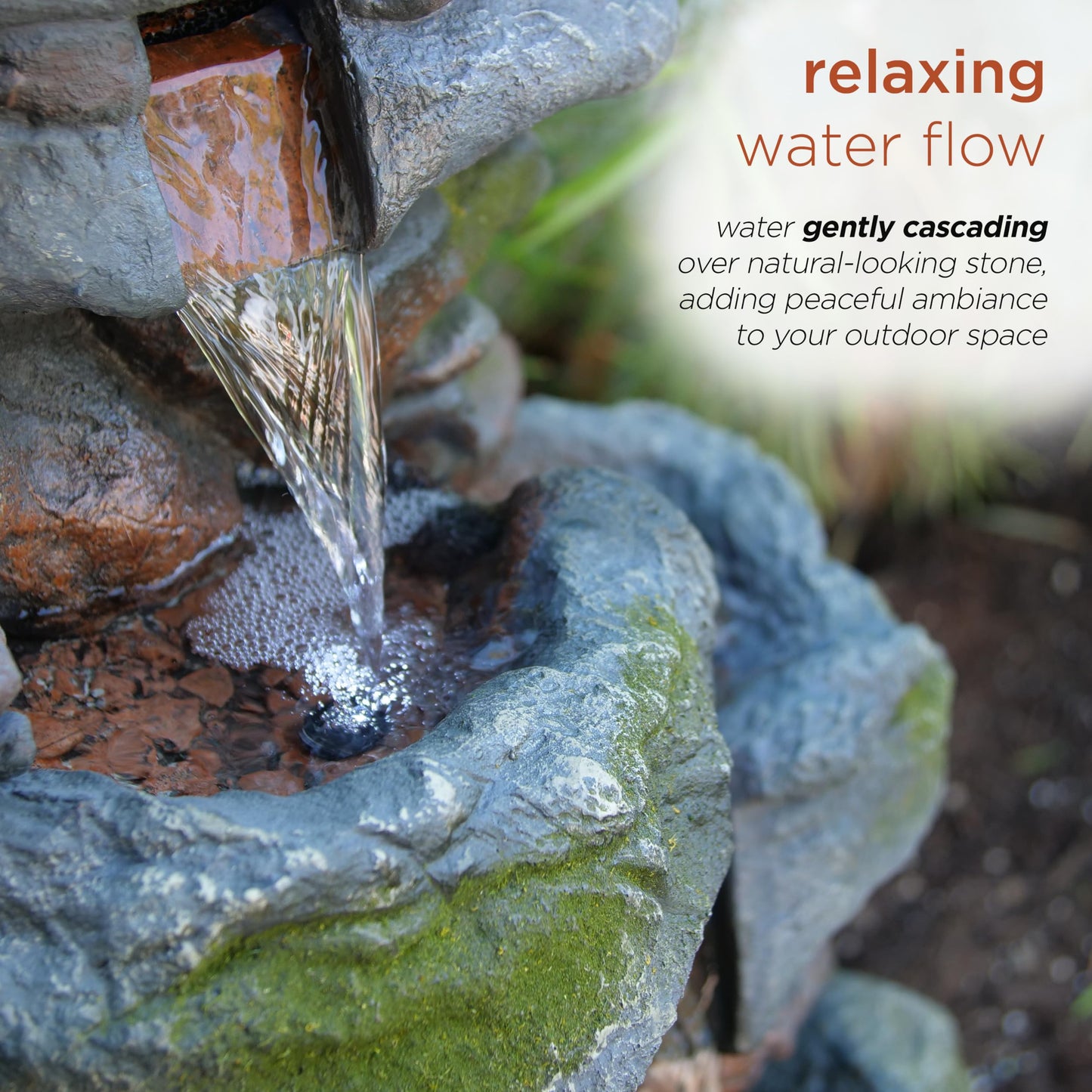 Alpine Corporation 22" Tall 3-Tier Outdoor Rock Waterfall Fountain with LED Lights, Natural Stone Look for Garden, Patio, Yard & Porch Decor, Gray