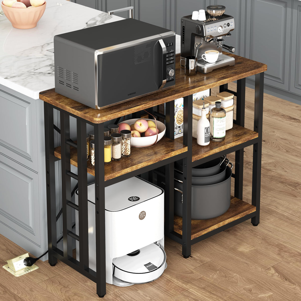 DKFNCL Mini Fridge Stand with Power Outlet, Mini Fridge Stand, Microwave Oven Stand Table, Bar Cabinet, Aquarium Stands, 4-Tier Kitchen Baker's Rack for Spices, Pots and Pans.