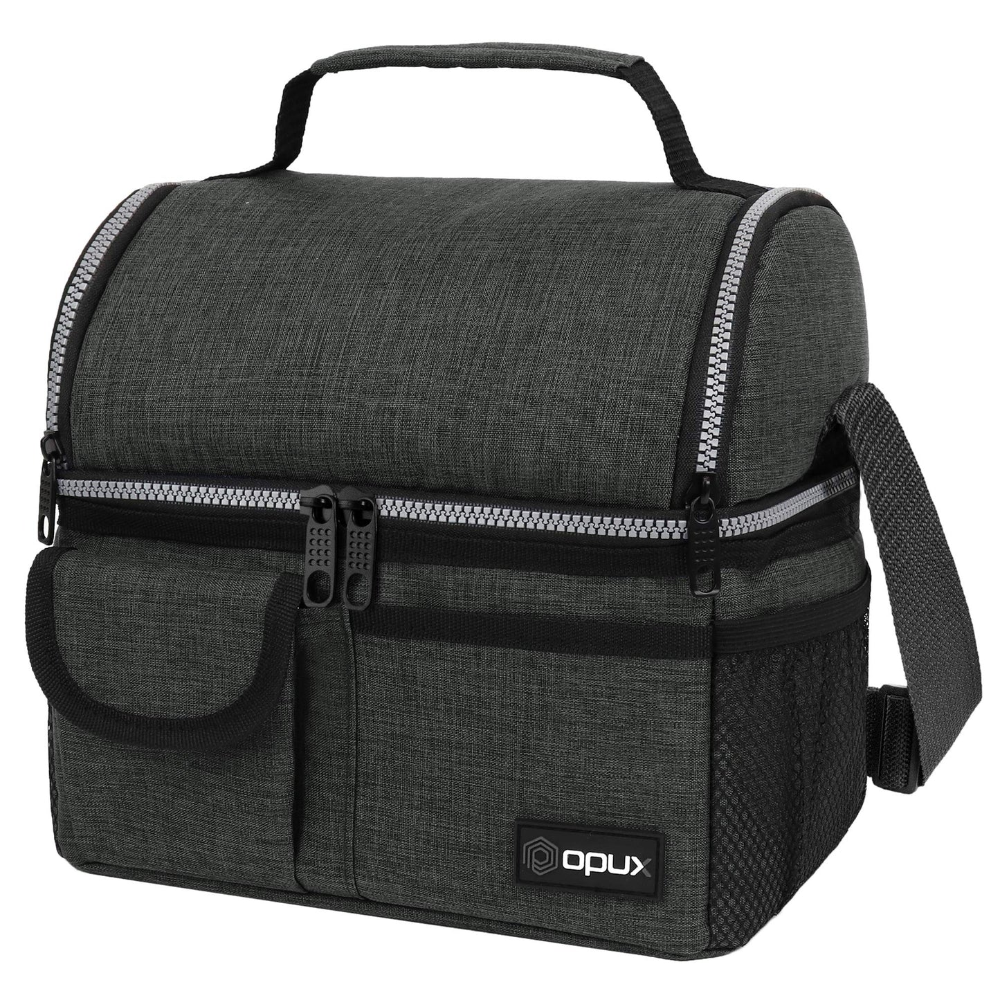 opux Insulated Lunch Bag Women Men, Dual Compartment Leakproof Lunch Box Adults Kids, Double Decker Meal Prep Bento Lunch Cooler Tote with Shoulder Strap for Work Office School Travel, Dark Gray