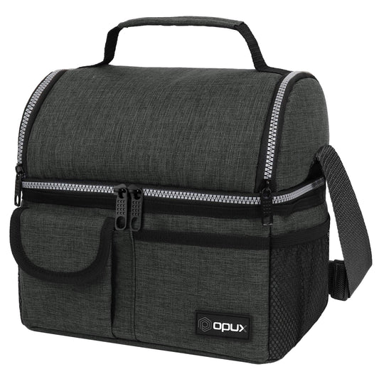 opux Insulated Lunch Bag Women Men, Dual Compartment Leakproof Lunch Box Adults Kids, Double Decker Meal Prep Bento Lunch Cooler Tote with Shoulder Strap for Work Office School Travel, Dark Gray