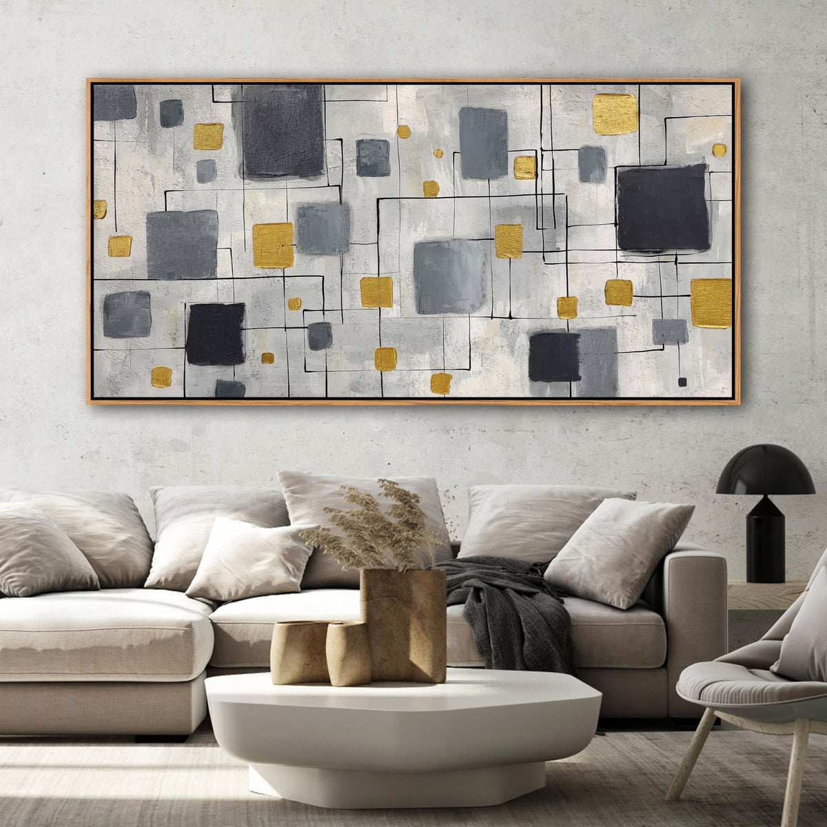 KLAKLA Neutral Decor Modern Abstract Wall Art Poster - Black Gold Gray for Living Room Bedroom Office Framed Minimalist Abstract Design 58x29 Inches