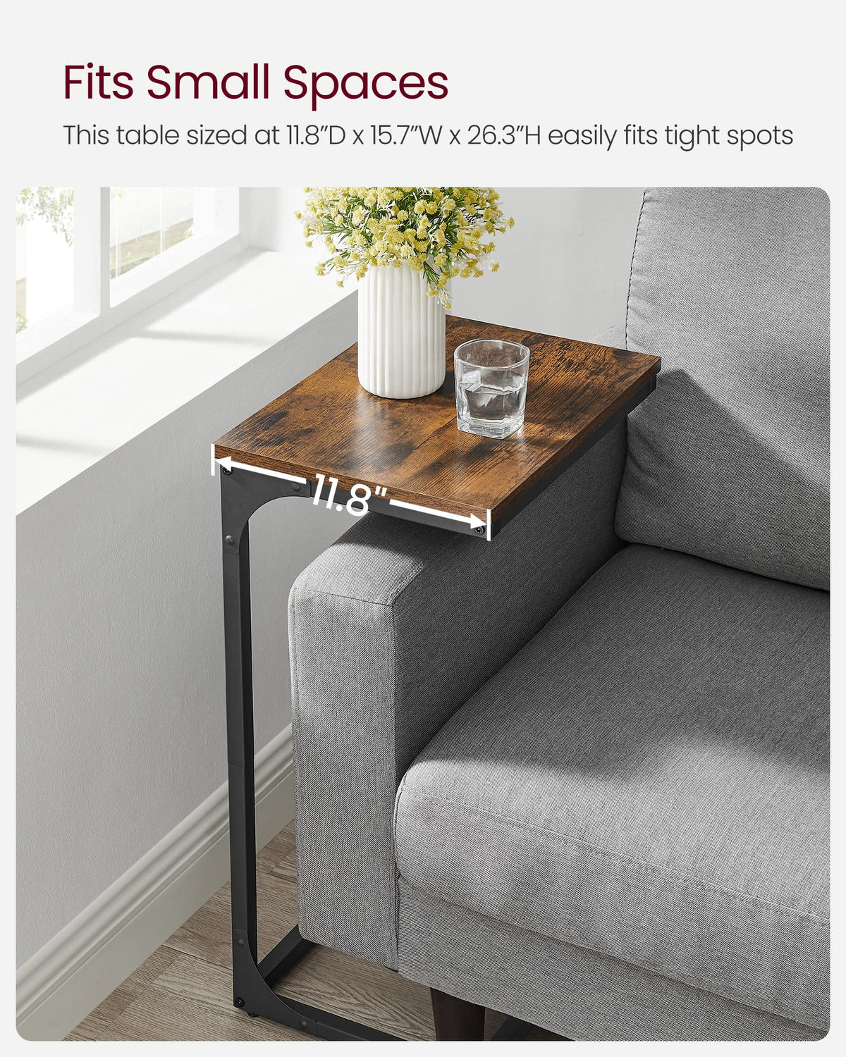 VASAGLE C-Shaped End Table, Side Table for Sofa, Couch Table with Metal Frame, Small TV Tray Table for Living Room, Bedroom, Rustic Brown and Black ULET353B01