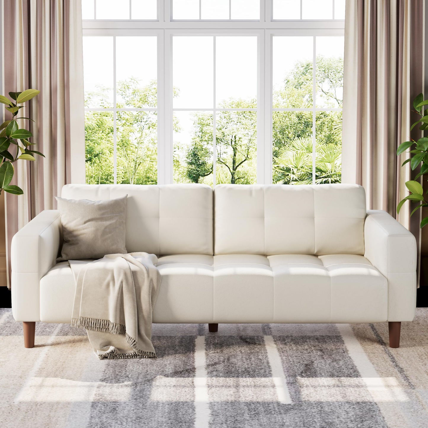 GarveeHome 3-Seater Sofa Couch, 83 in Wide Faux Leather Sofa Couch with Spring Cushion, Modern Sofa with Deep Seats and 2 Removable Back Cushions, for Living Room, Bedroom, Apartment, Office, Beige