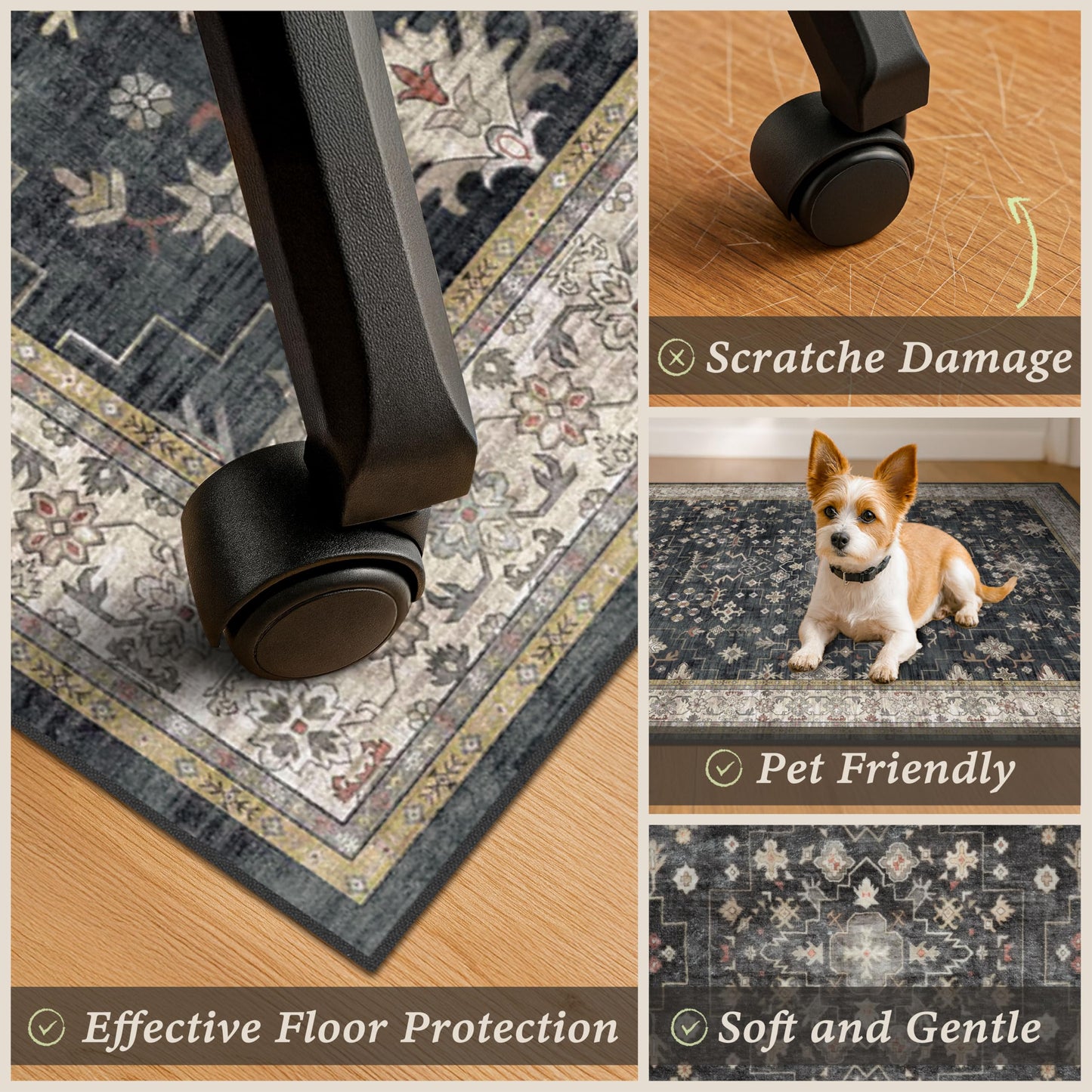 3x4 Black Boho Office Chair Mat for Hardwood Floors - Ultra-Soft Low Pile Desk Rug with Non-Slip Backing, Small 36x48 Computer Chair Area Rug for WFH Comfort and Floor Protection