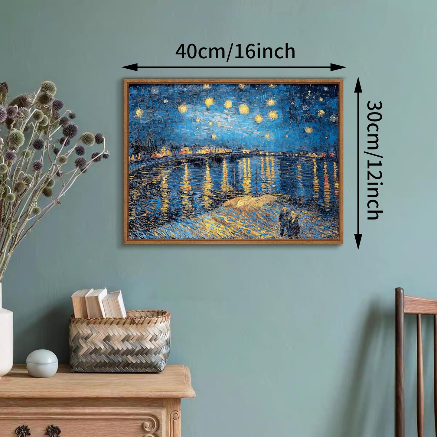 WENGTIAO Framed Canvas Wall Art Starry Night Over The Rhone by Van Gogh Oil Paintings Vintage Landscape Print Reproduction Retro Blue and Yellow Artwork Pictures for Living Room Bedroom Office Study 12”x16”