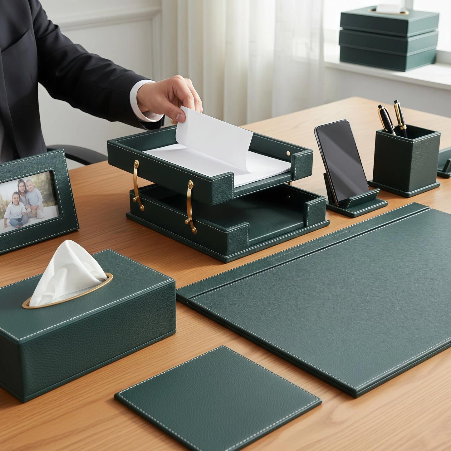 RitPin Leather Desk Set, 15-Piece Leather Desk Organizer, Executive Desk Organizer with Desk Pad & Blotter, 2-Tier Tray, Pen Holder, Office Accessories, Executive Desk Accessories(Green)