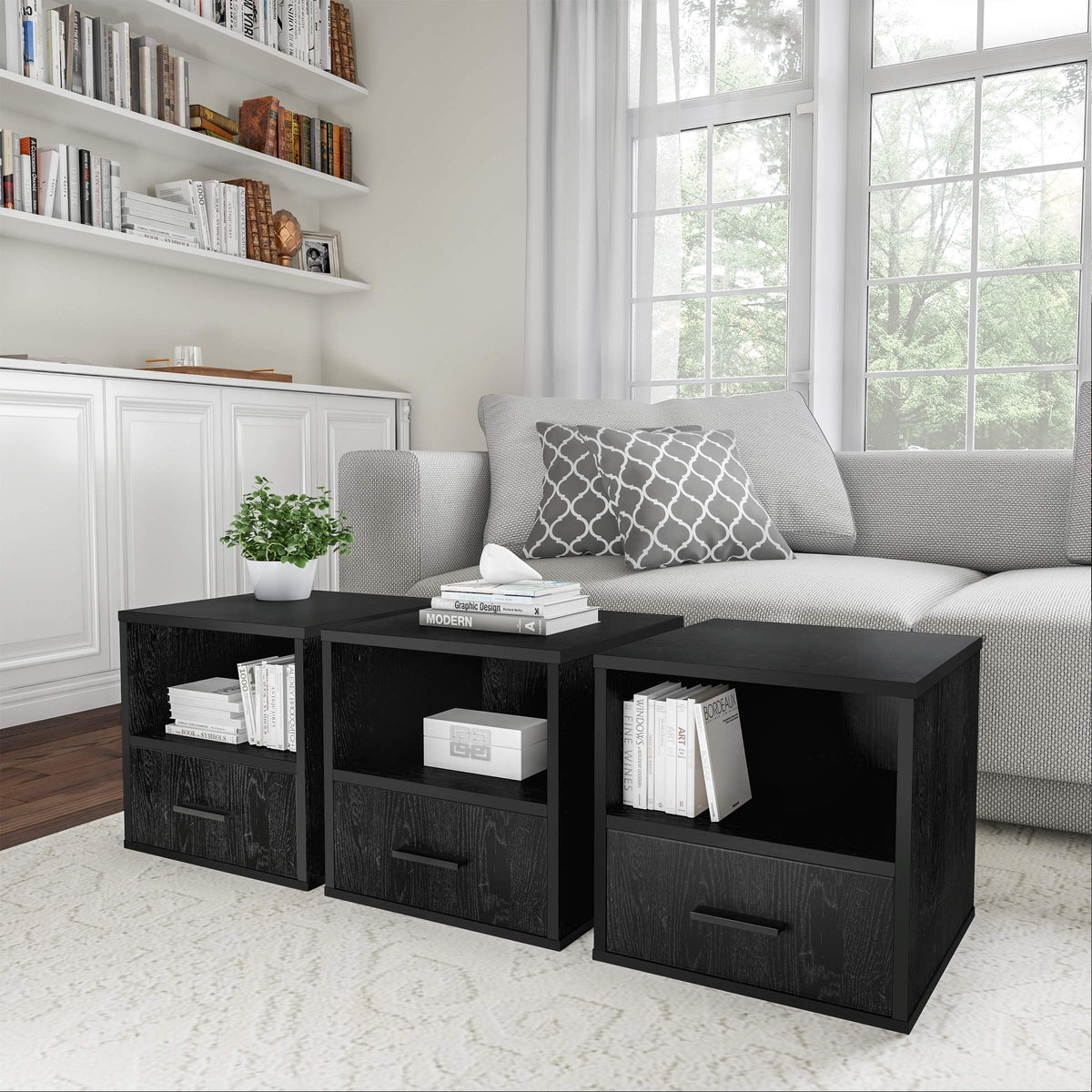 Lavish Home End Stackable Contemporary Minimalist Modular Cube Accent Table with Drawer for Bedroom, Living Room or Office, 16.25 x 15.75 x 15.75 in, Black