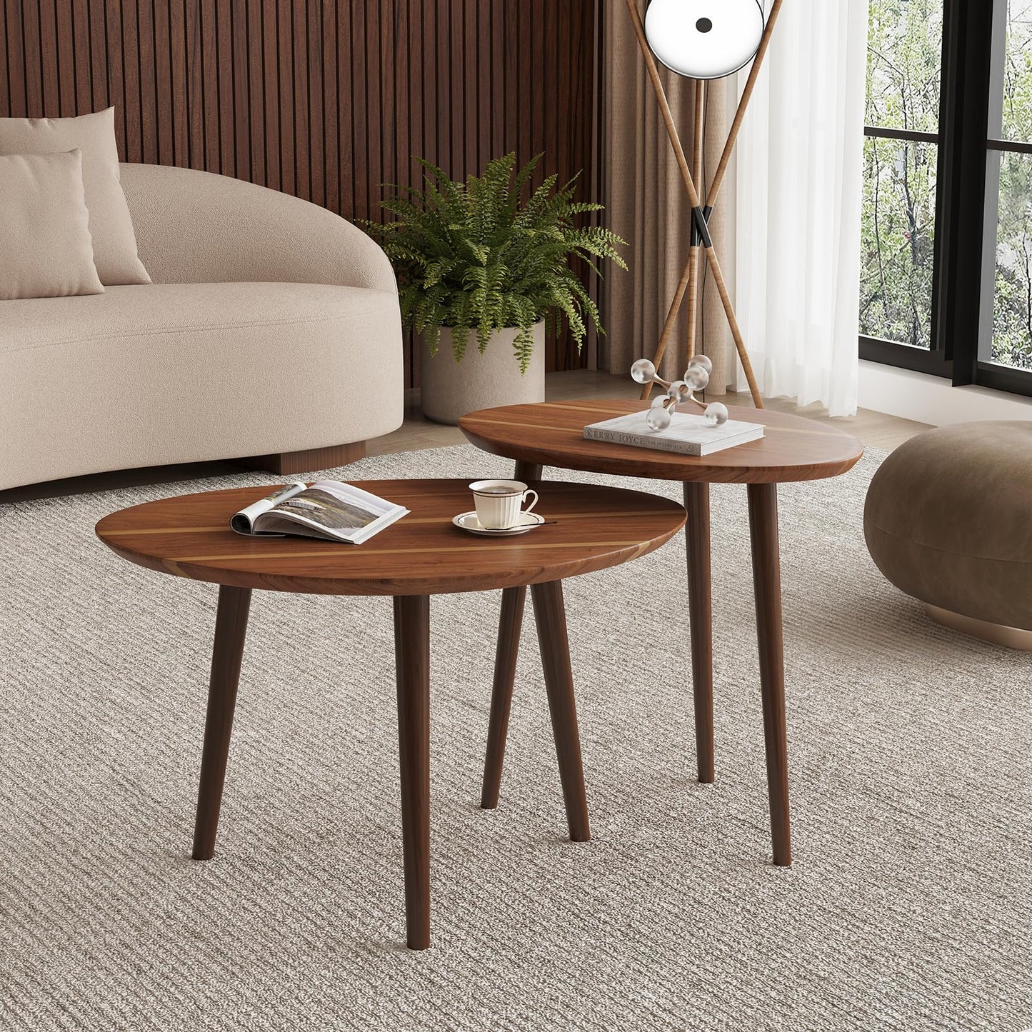 Semjar Small Oval Coffee Tables Set,Acacia Wood Nesting Tables（25.6"x17.7"+17.7"x13.4" for Living Room Small Spaces Office,Easy Assembly Wooden Minimalist Walnut Mid Century Modern Coffee Table