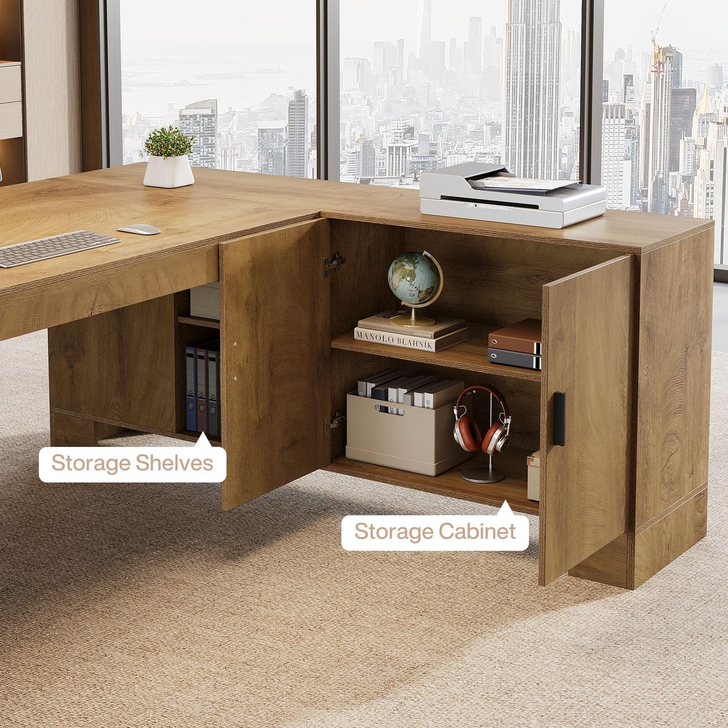 Tribesigns L-Shaped Executive Desk, 78-Inch Office Desk with Storage Cabinet and 2-Tier Shelf, Large Wooden Computer Writing Table Business Furniture Workstation for Home Office, Brown