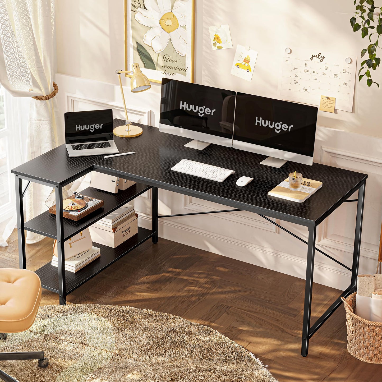 Huuger L Shaped Desk, 55 Inches Computer Desk with Reversible Storage Shelves, for Gaming Corner Home Office Writing Study, Metal Frame, Black