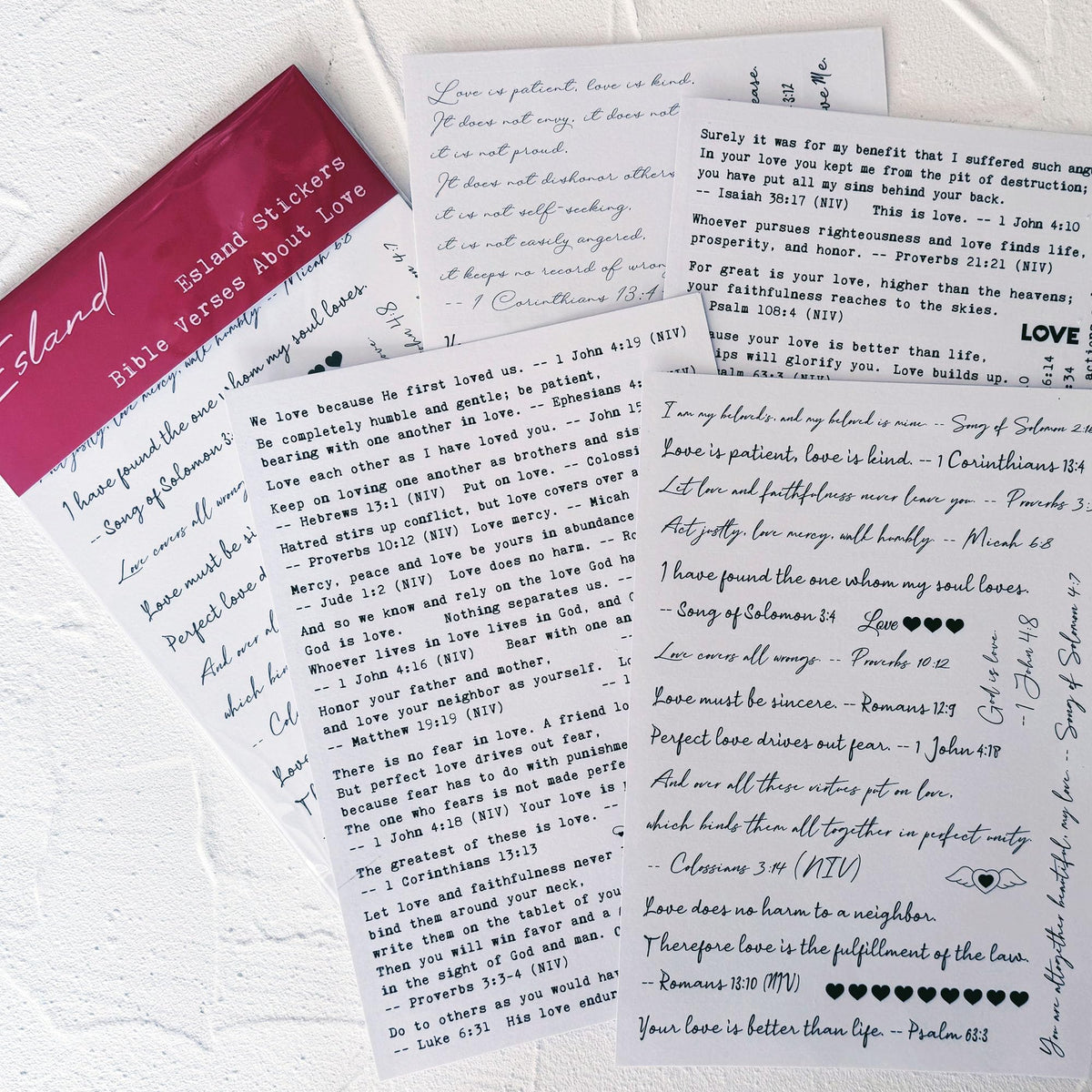 Esland Bible Verses Planner Stickers – 4 Sheets of Love Quotes, Retro Typewriter & Hand Lettering Styles, Inspirational Christian Stickers for Journaling, Scrapbooking, Bible Study, and Crafts