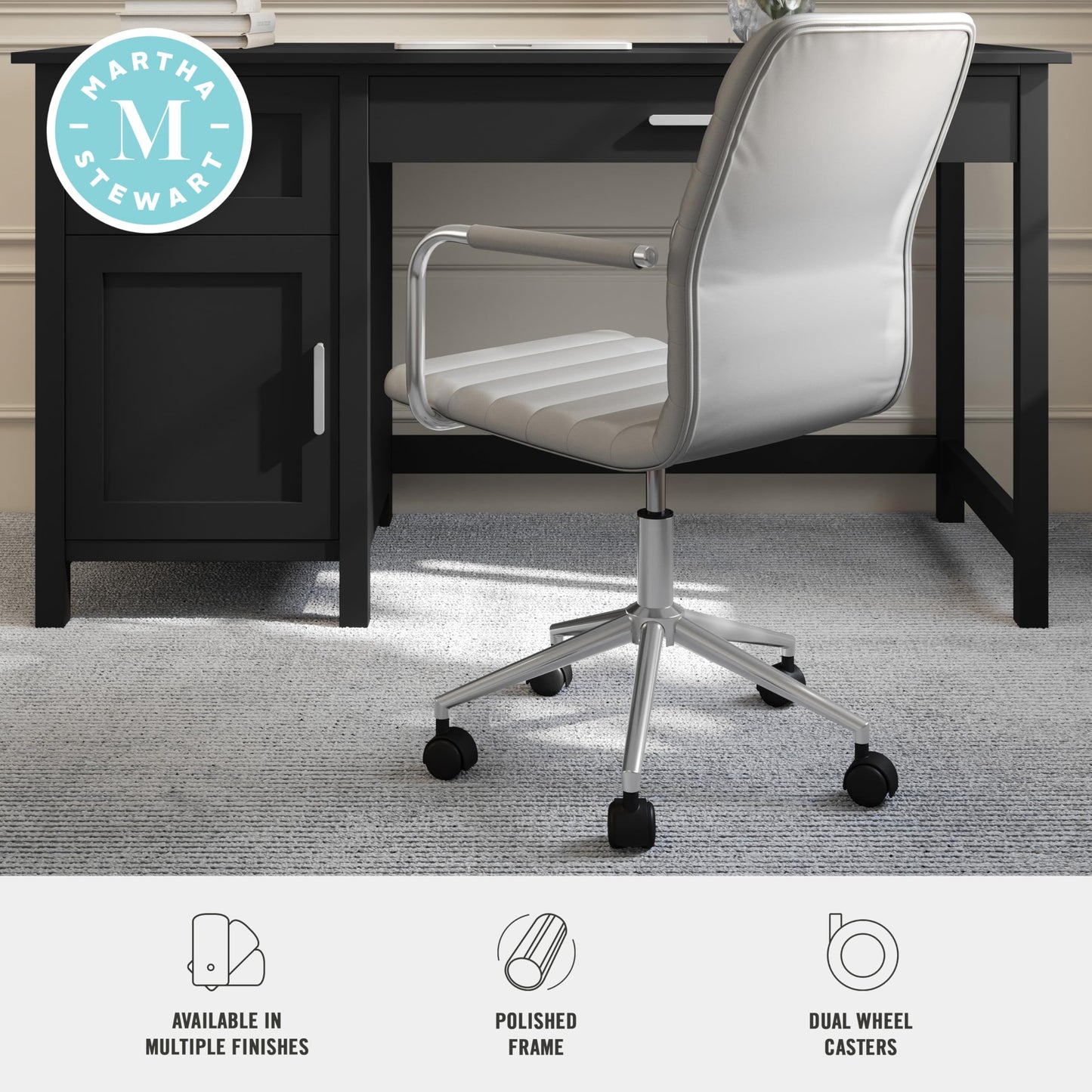 Martha Stewart Taytum Swivel Task Chair with Armrests for Home Office in Gray Faux Leather with Polished Nickel Frame