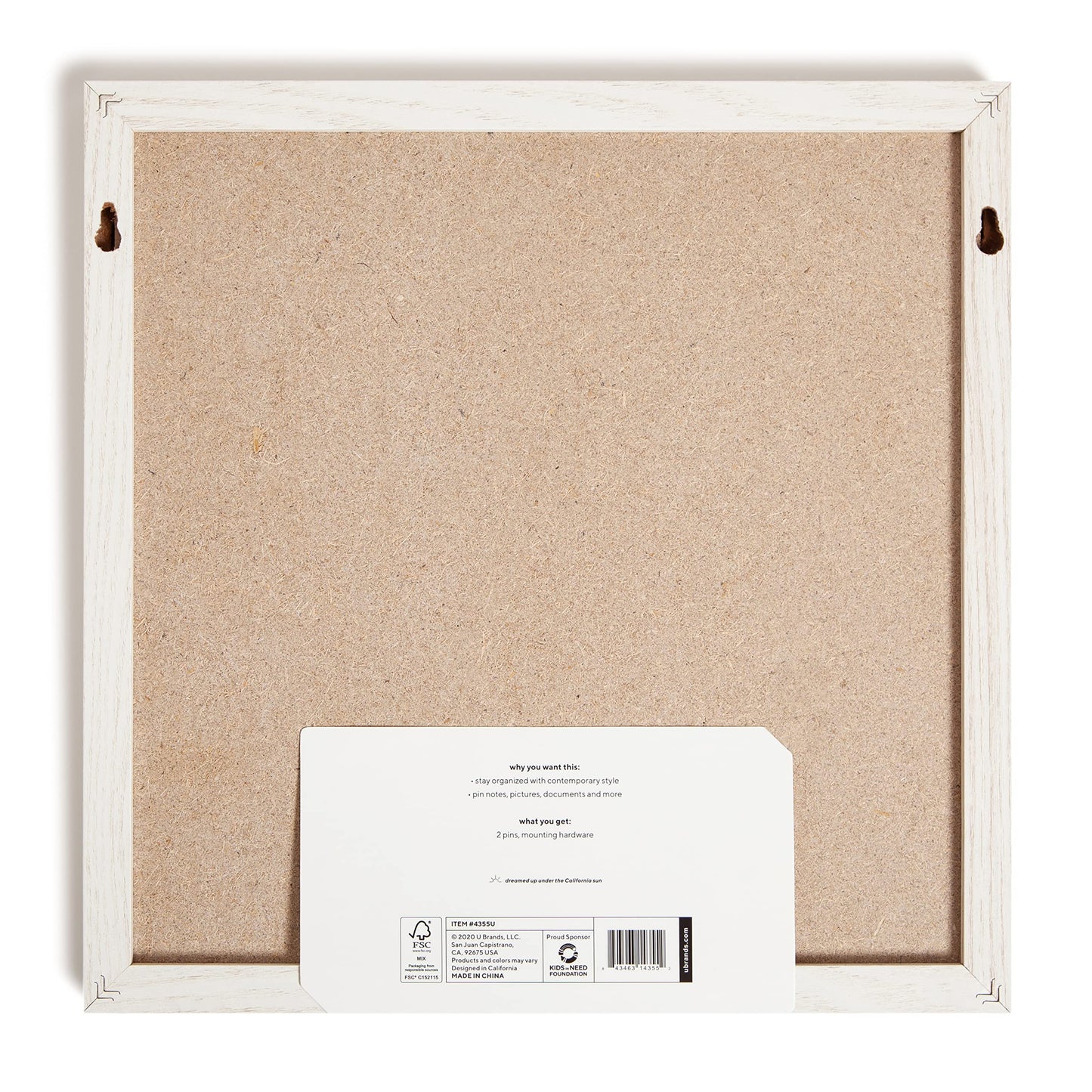 U Brands Rustic Linen Bulletin Board, 14" x 14", White Wood Style Frame, Industrial Grade Pinning Surface, Includes Push Pins