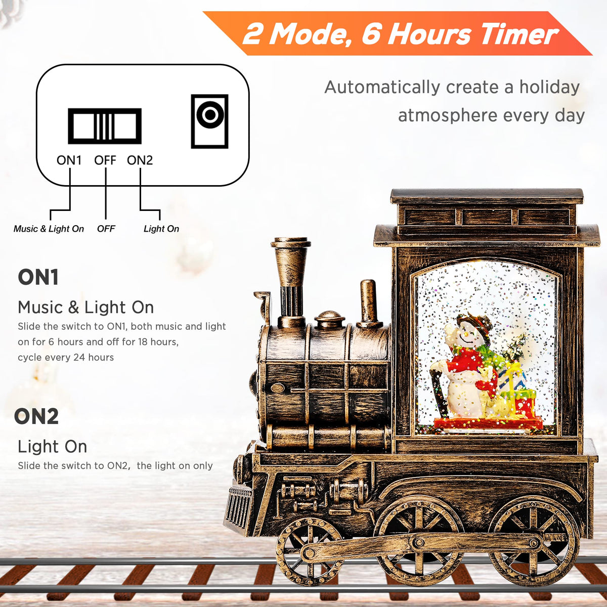 IPOW Christmas Snow Globe Lantern Train with Santa Sleigh Projection, Water Swirling Glitter Musical and Lighted USB Powered & Battery Operated Music Box for Christmas Home Decoration Gift